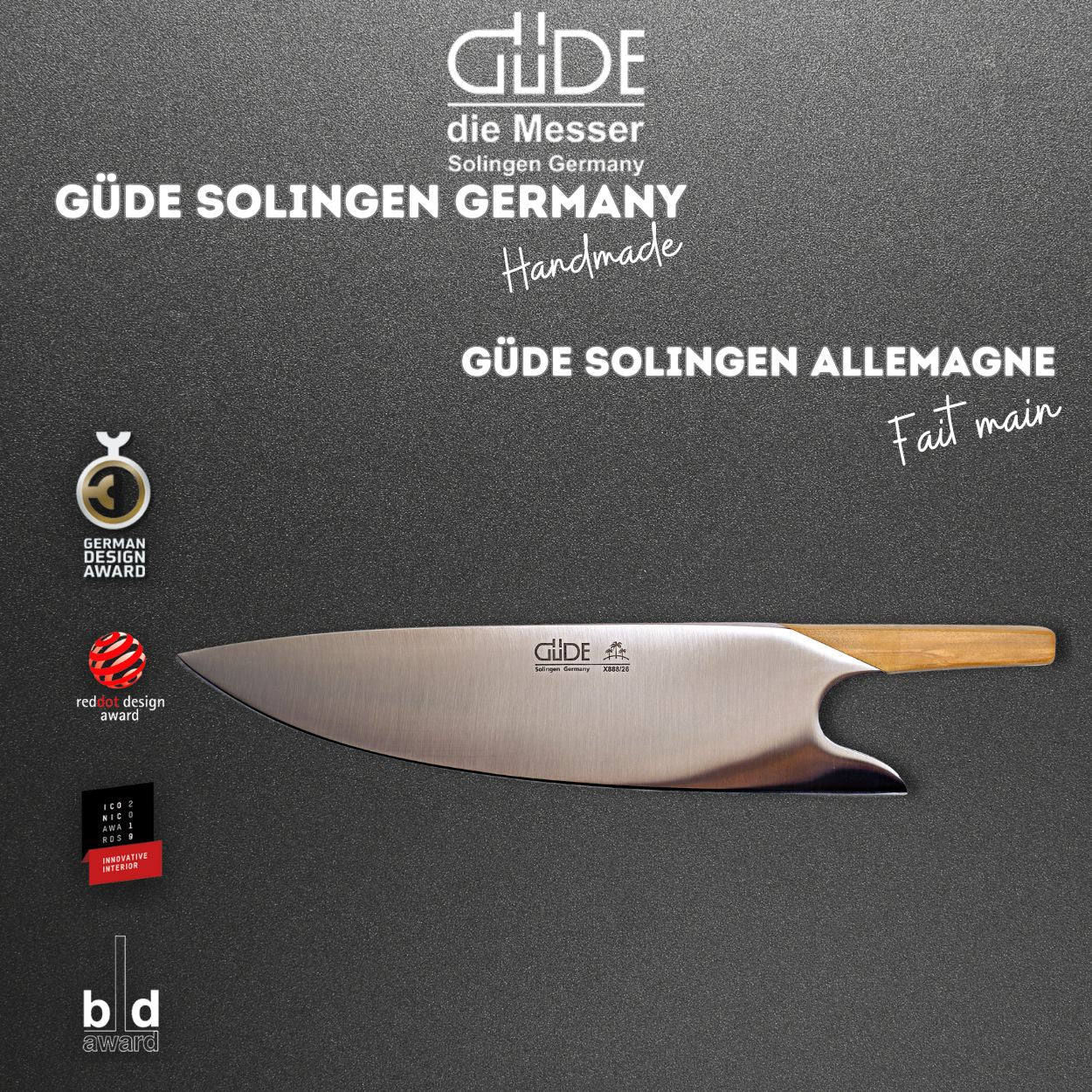 The Knife by GÜDE SOLINGEN displayed on a dark background, highlighting its handmade quality and awards.