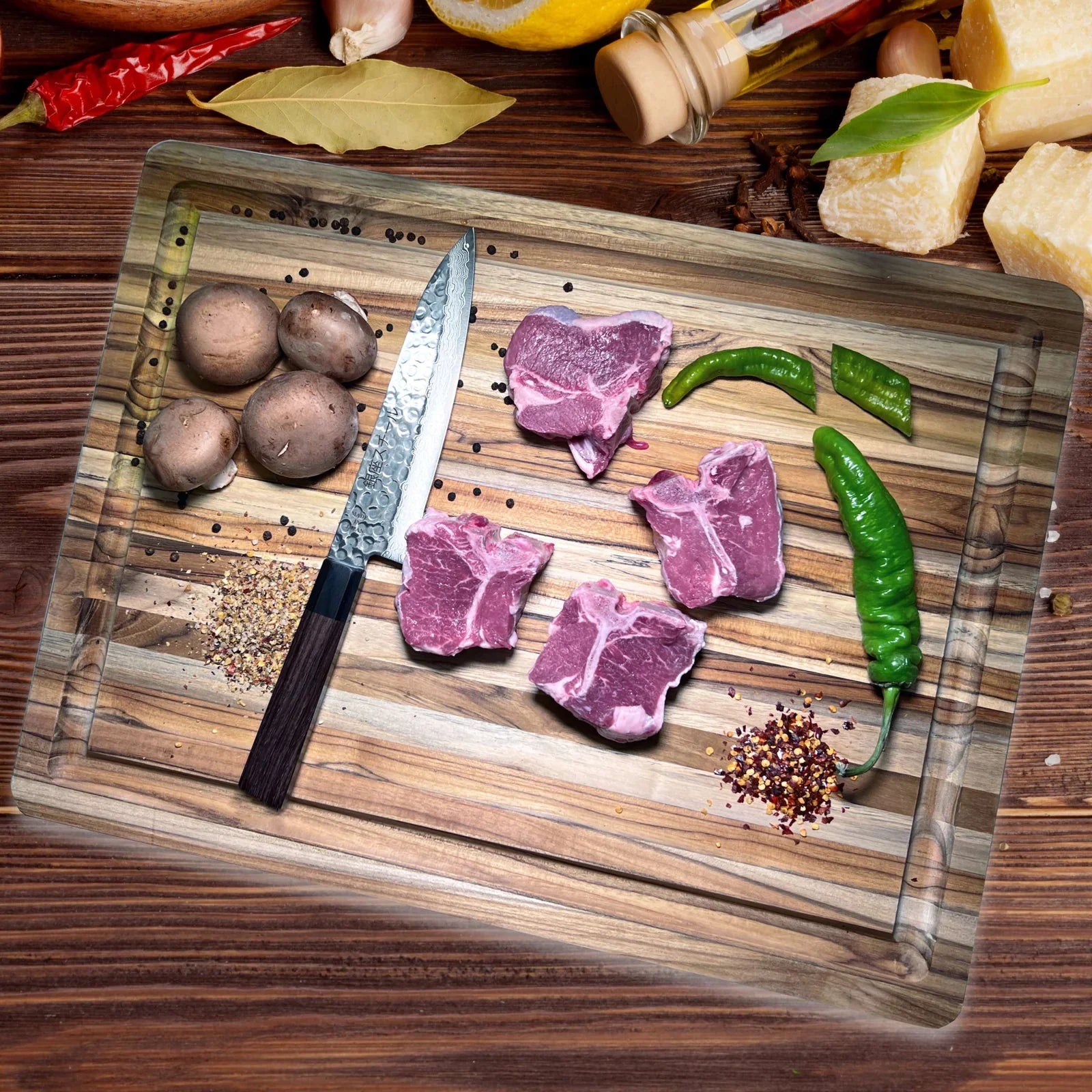 Decoding Japanese Gyuto Knife 210mm vs. 180mm – Unveiling the Better Blade on a cutting board with ingredients.