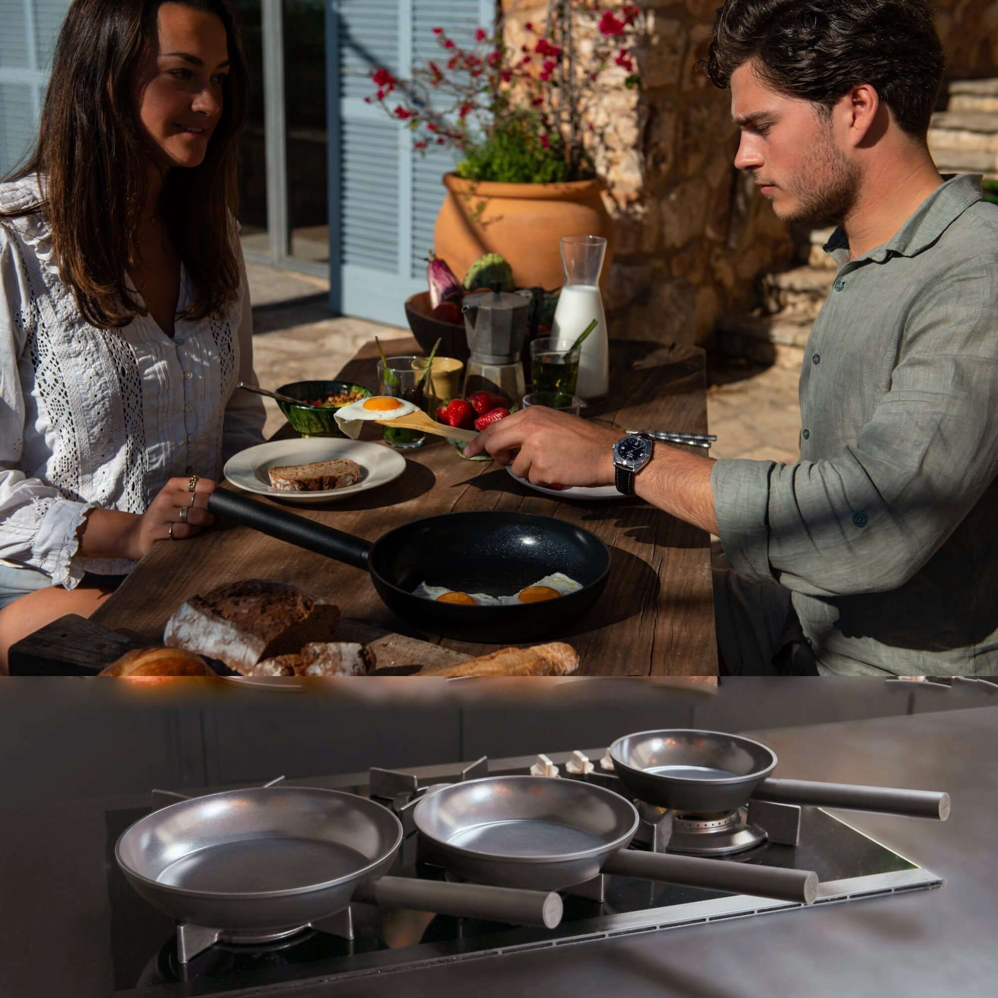 Couple enjoying a meal with COMBEKK | Ceramic Aluminium Fry Pan Collection on a table and frying pans on a stove.