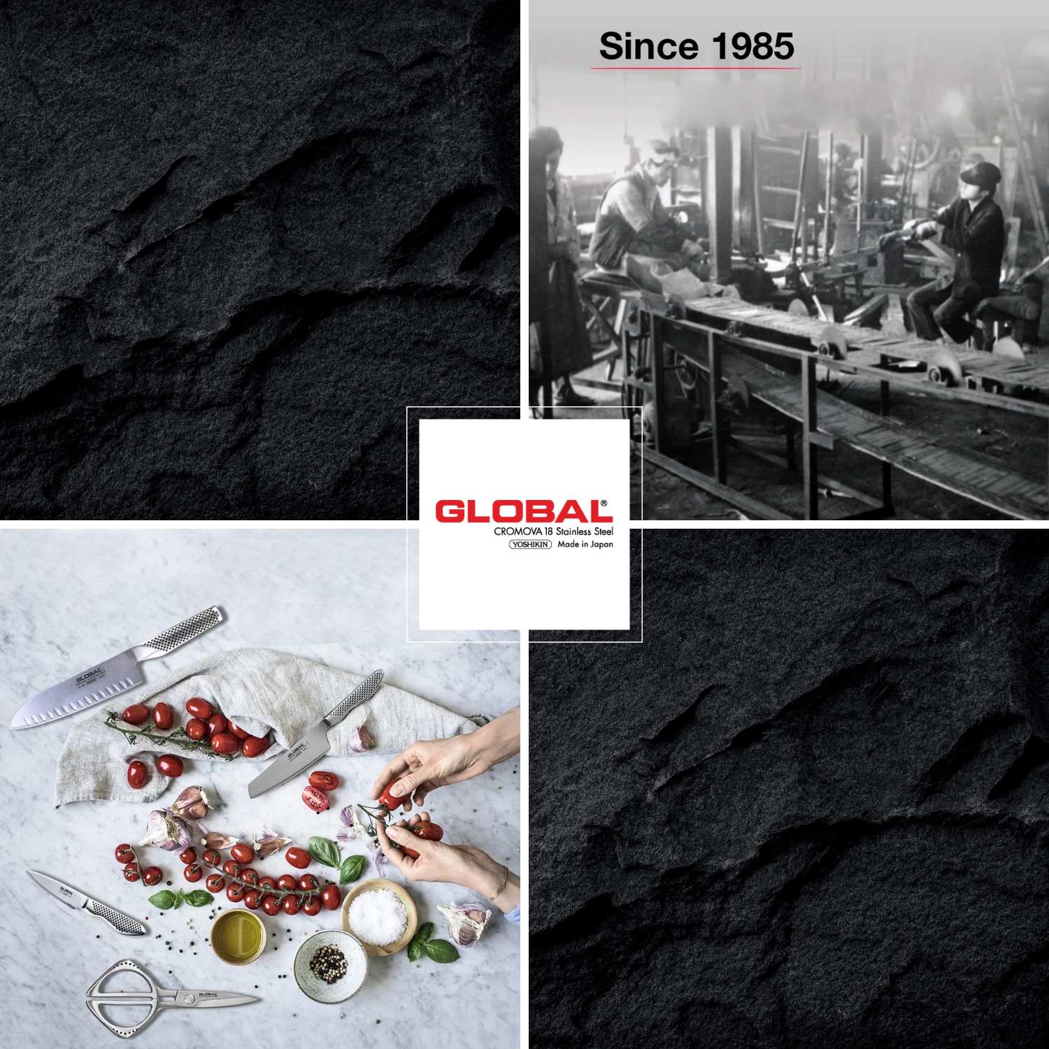 Global Knives collection image showcasing craftsmanship since 1985 with professional cutlery and culinary preparations.