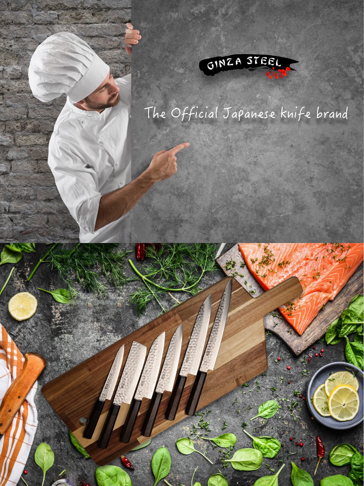 A chef promoting Ginza Steel, the official Japanese knife brand, with a display of knives on a wooden board.
