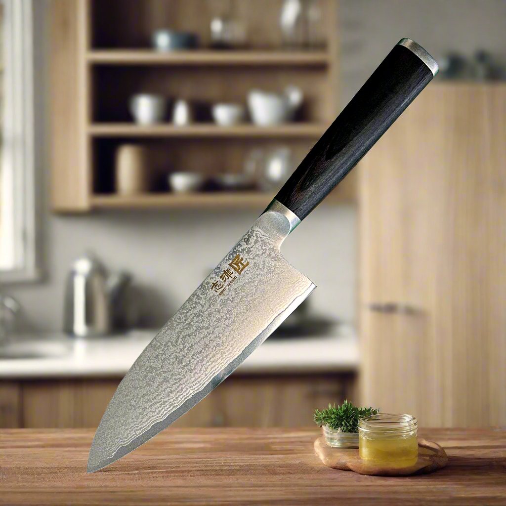 Japanese Deba Knife | Traditional Design for Professional Chefs on wooden countertop in a modern kitchen