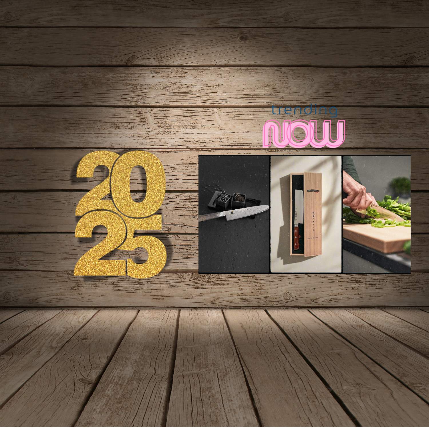 New Arrivals 2025 kitchen knives and accessories displayed in a stylish setting with a wooden background.