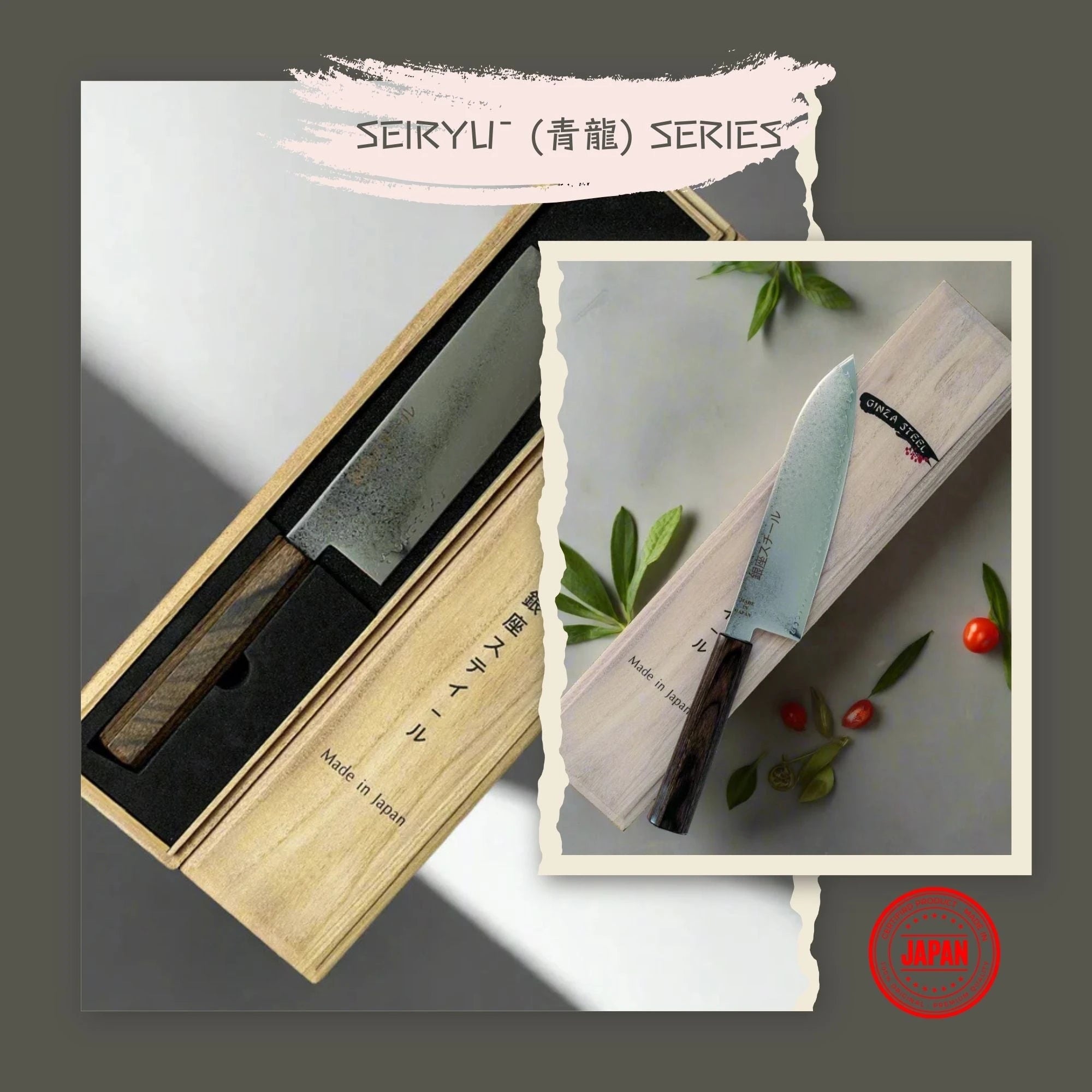 Ginza Steel - Seiryū (青龍) Series knife Made in Japan 🇯🇵 displayed in elegant packaging.