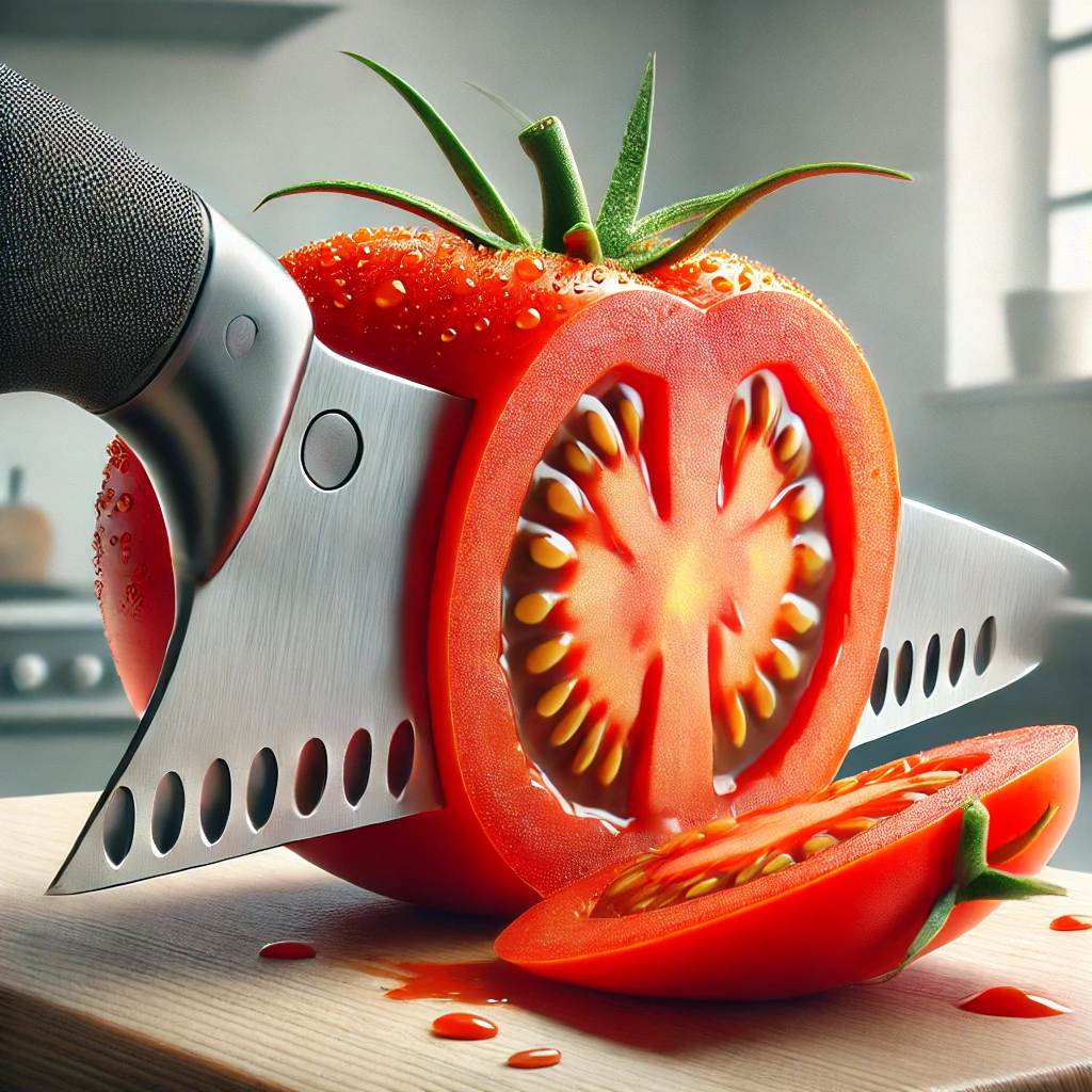Precision Tomato Knives – Effortless Slicing with Style: ultra-sharp knife slicing a ripe tomato on a wooden cutting board.