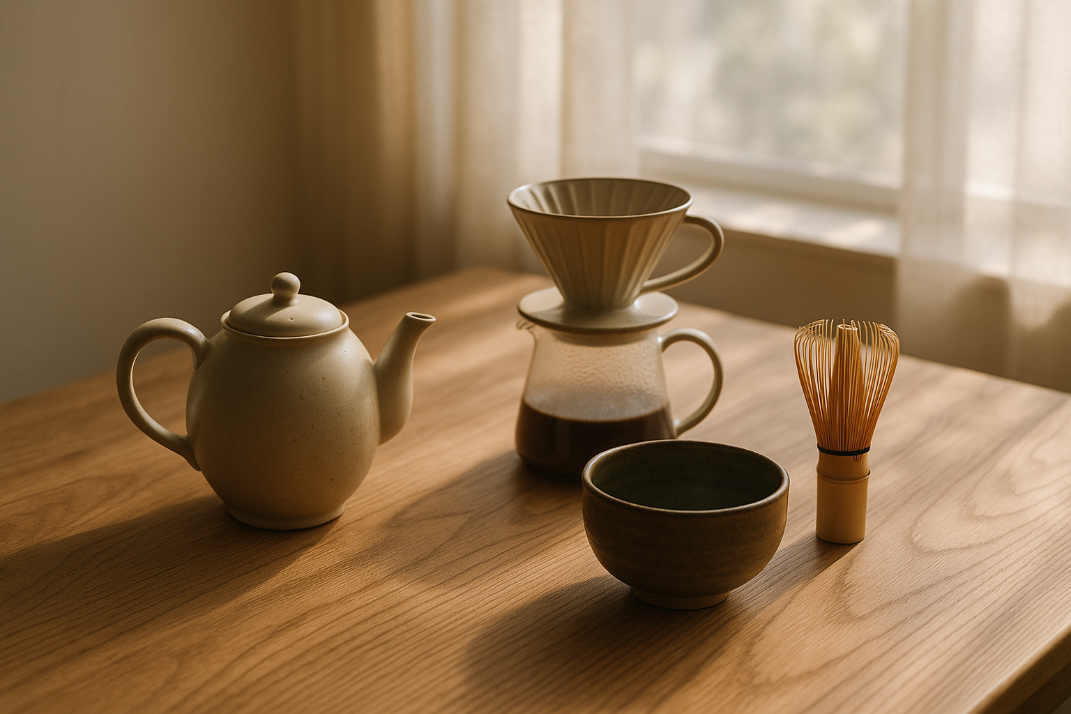 Japanese tea, coffee, and matcha accessories including Kyusu teapot, chasen whisk, and pour-over set.