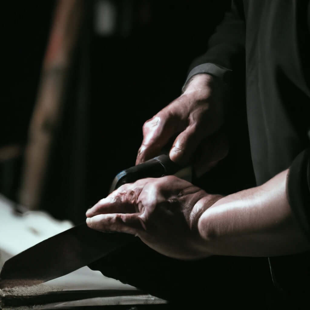 Hands using a Premium Japanese Knife on a wooden cutting board for precision cutting.