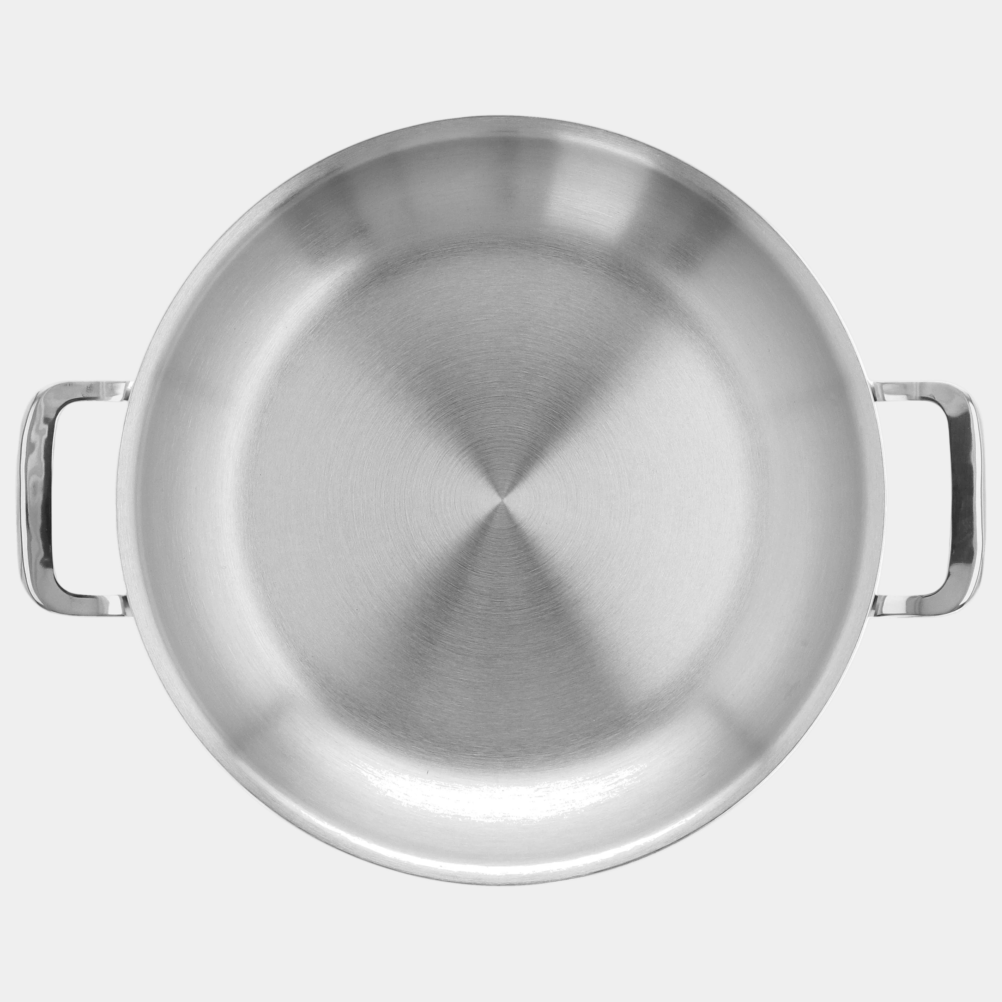 Stainless steel pot with handles on a white background