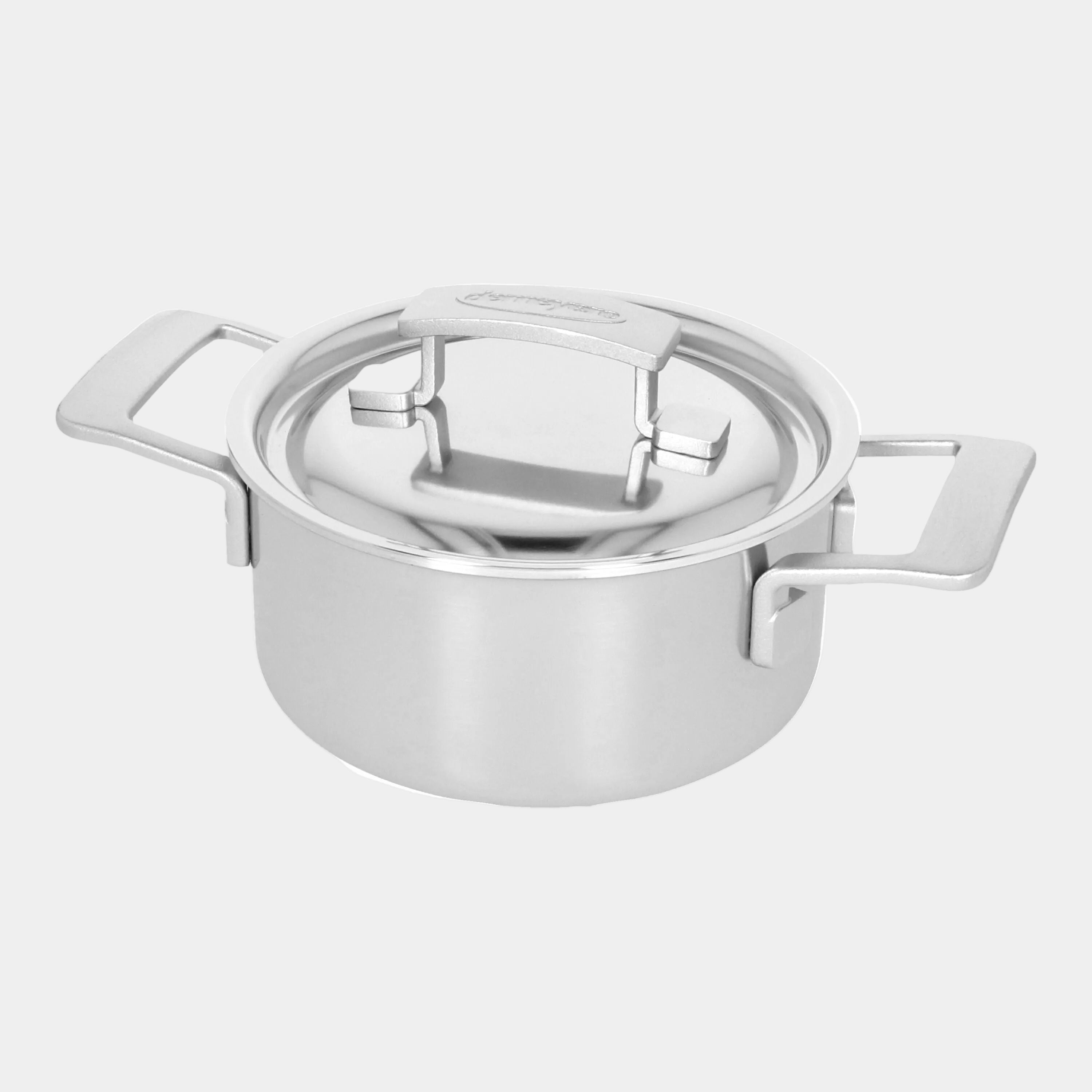 Stainless steel pot with lid on a white background