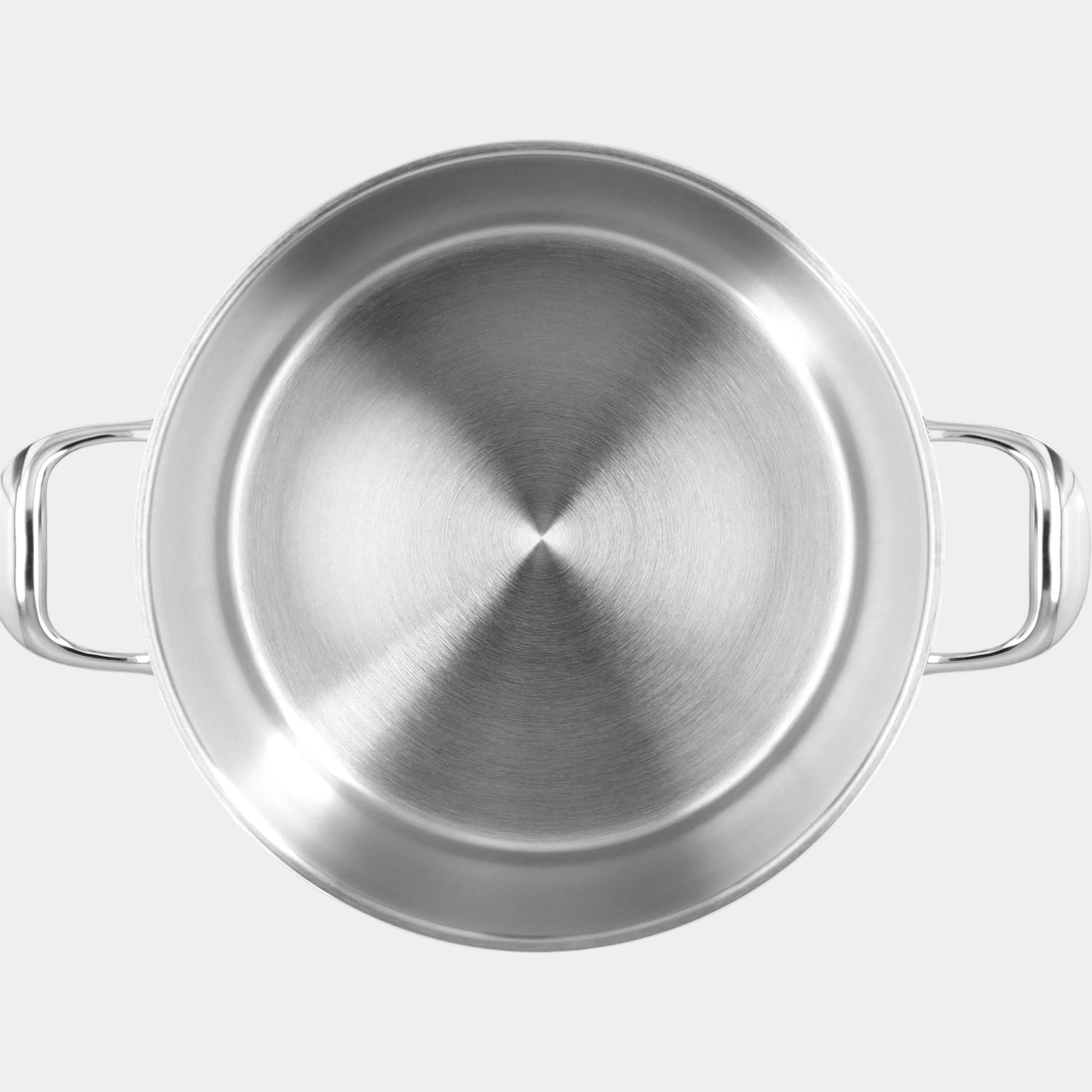 Stainless steel pot with handles on a white background
