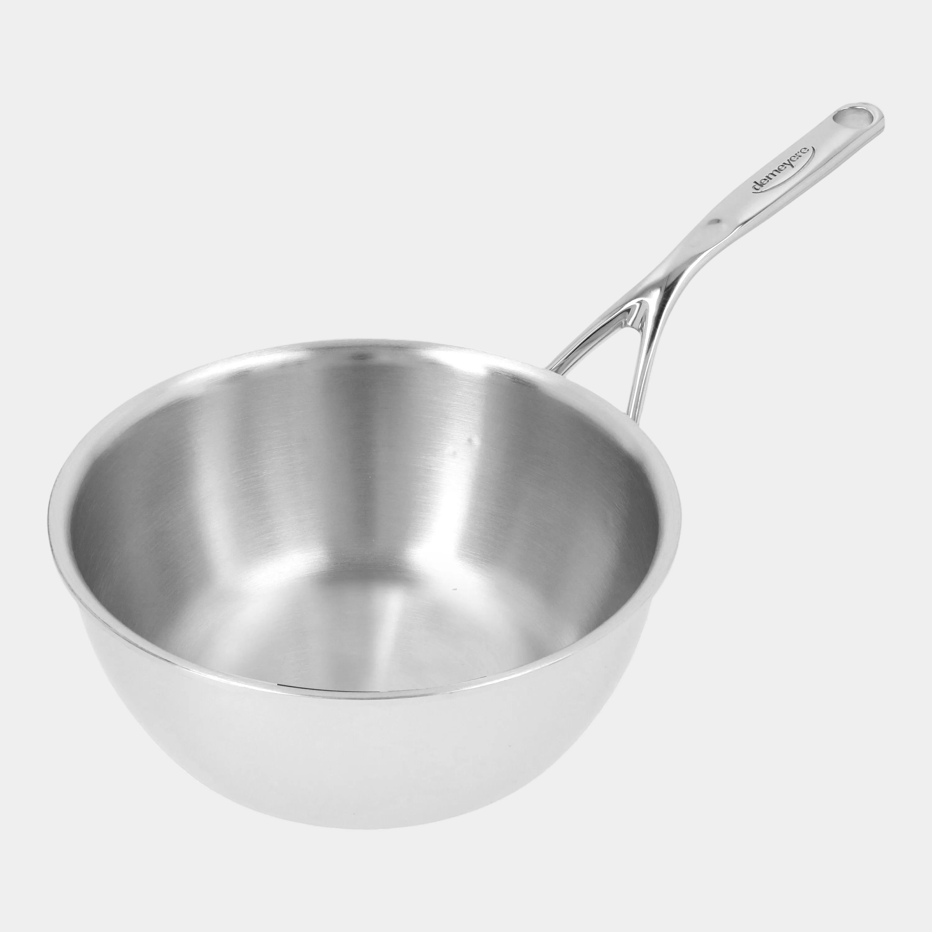 Stainless steel frying pan with handle on a white background