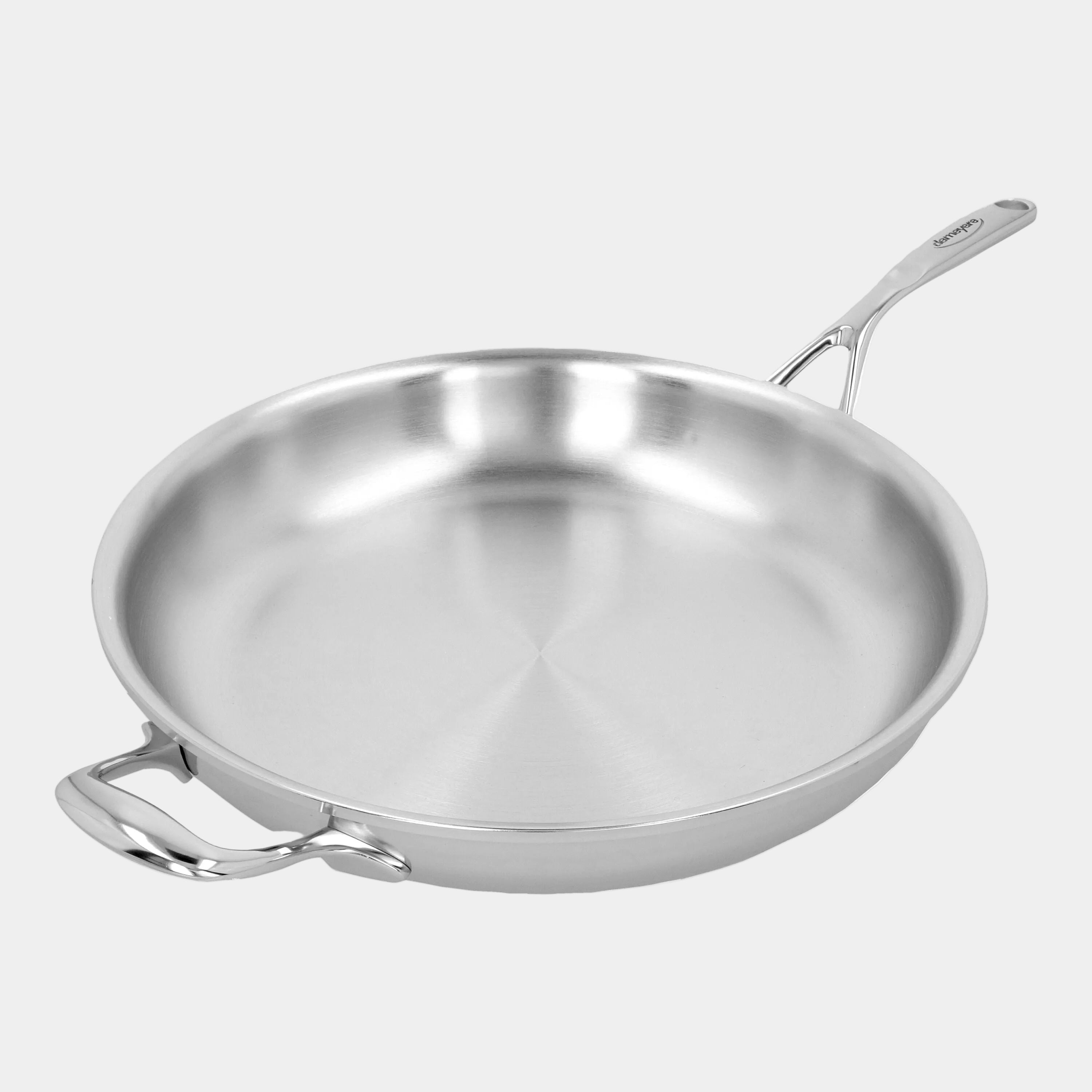 Stainless steel frying pan with handles on a white background