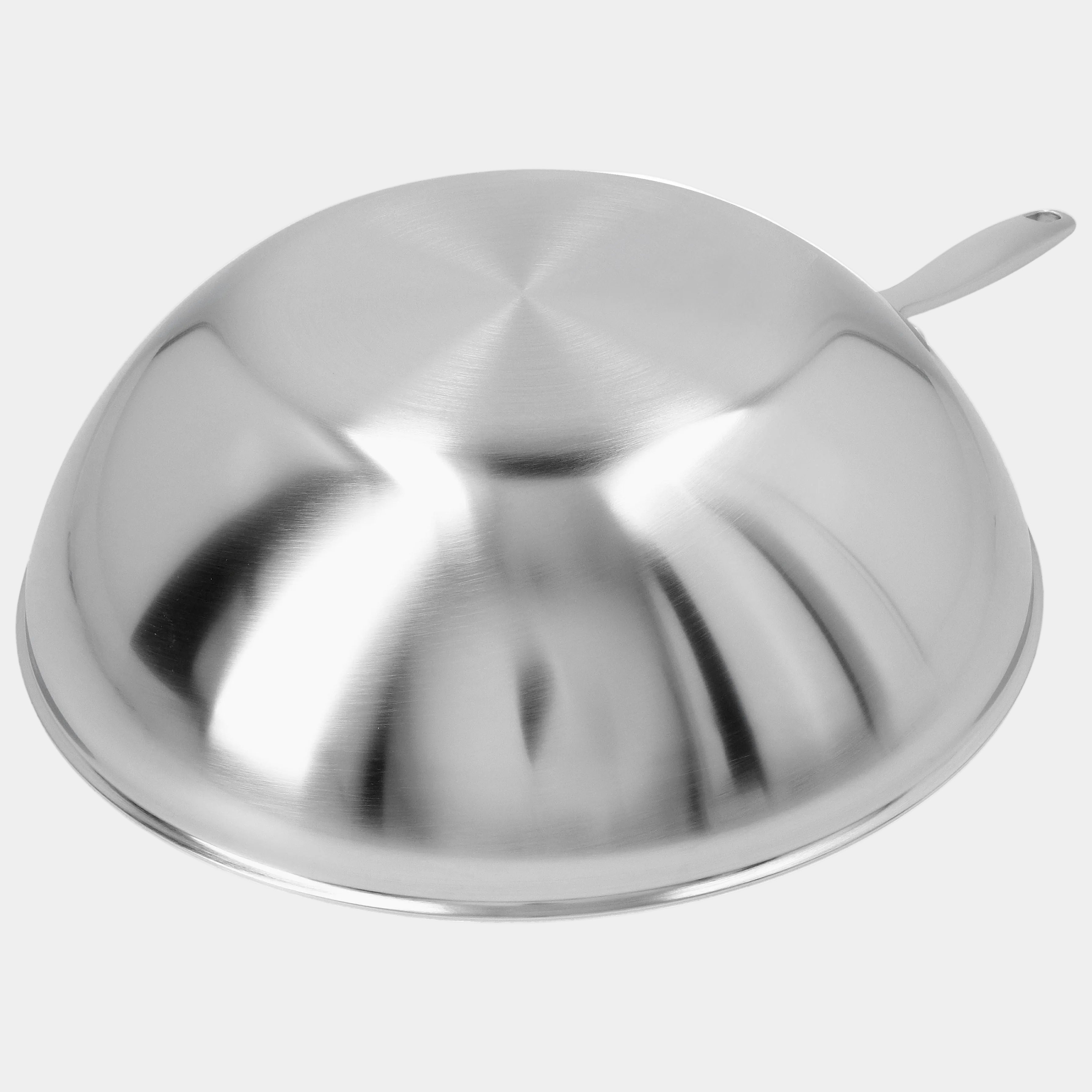 Stainless steel pot lid with a handle on a white background