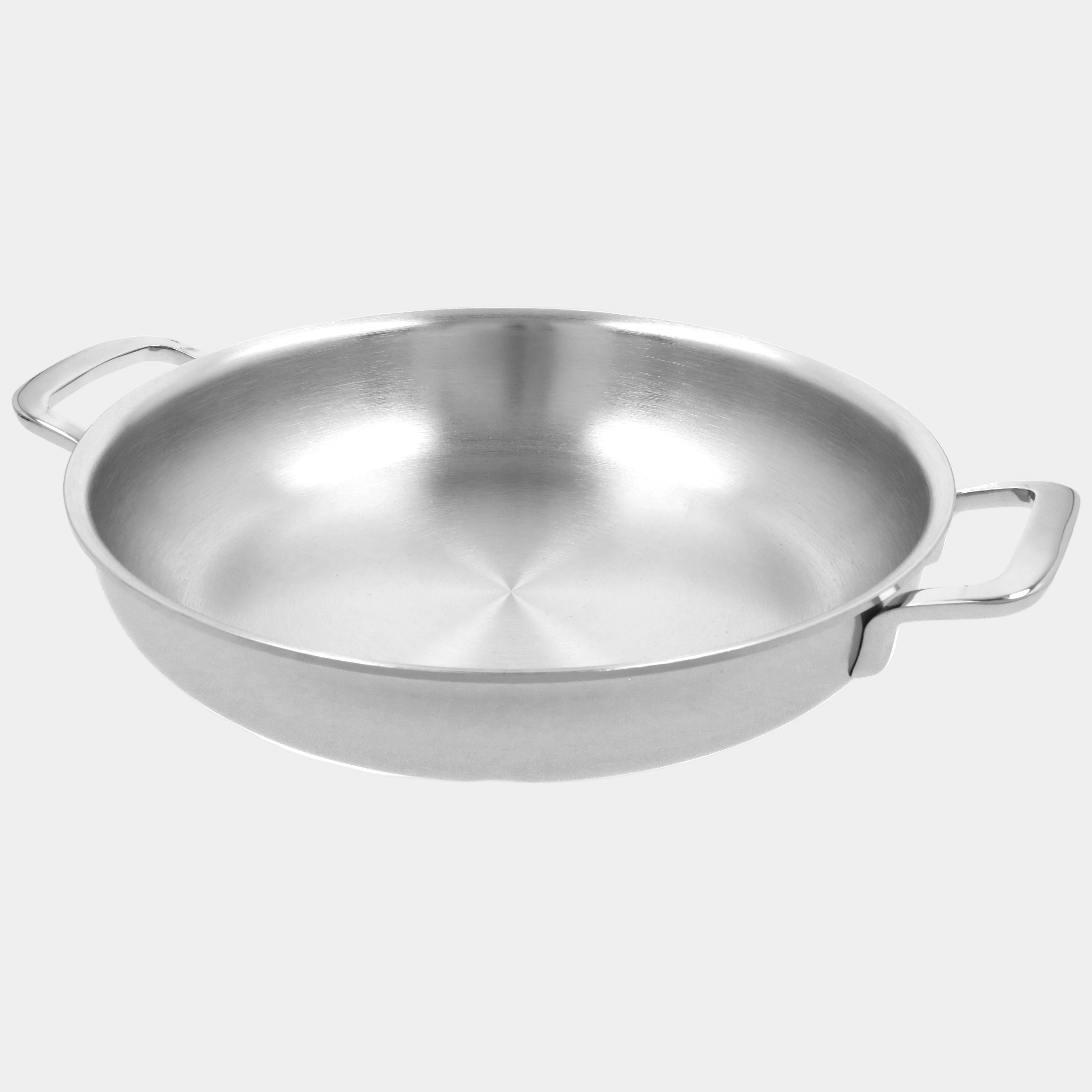 Stainless steel pan with handles on a white background