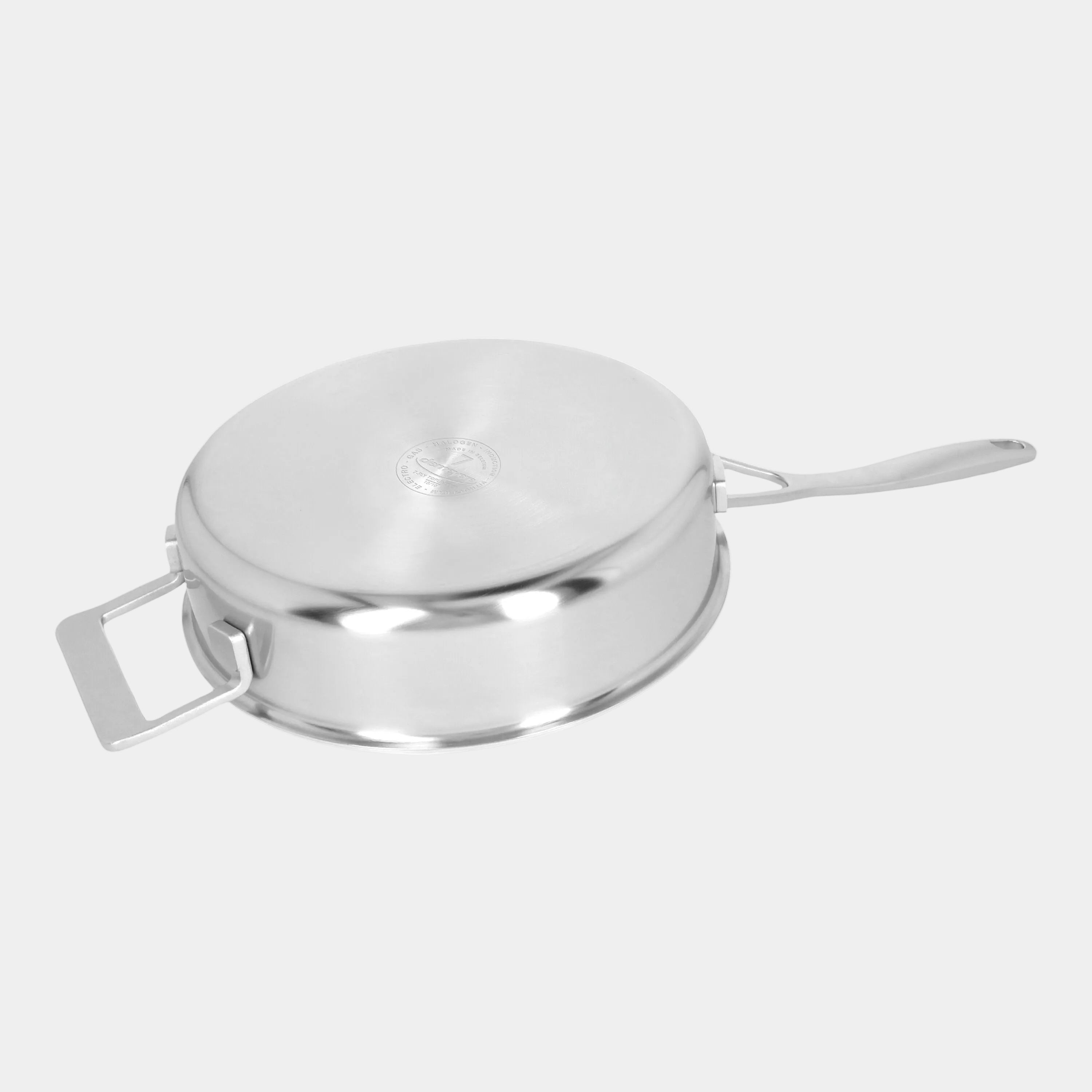 Stainless steel pot with lid on a white background