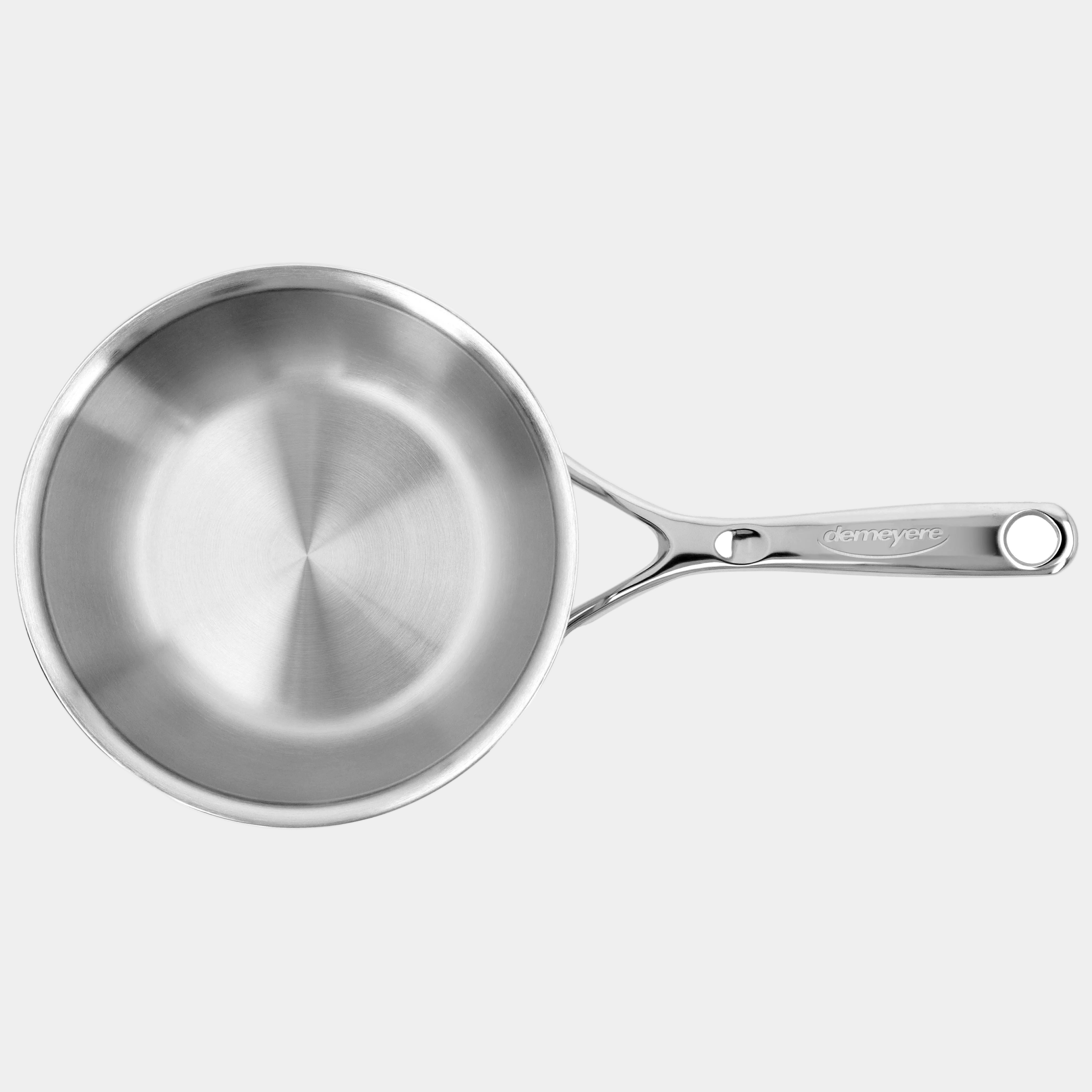 Stainless steel frying pan with handle on a white background
