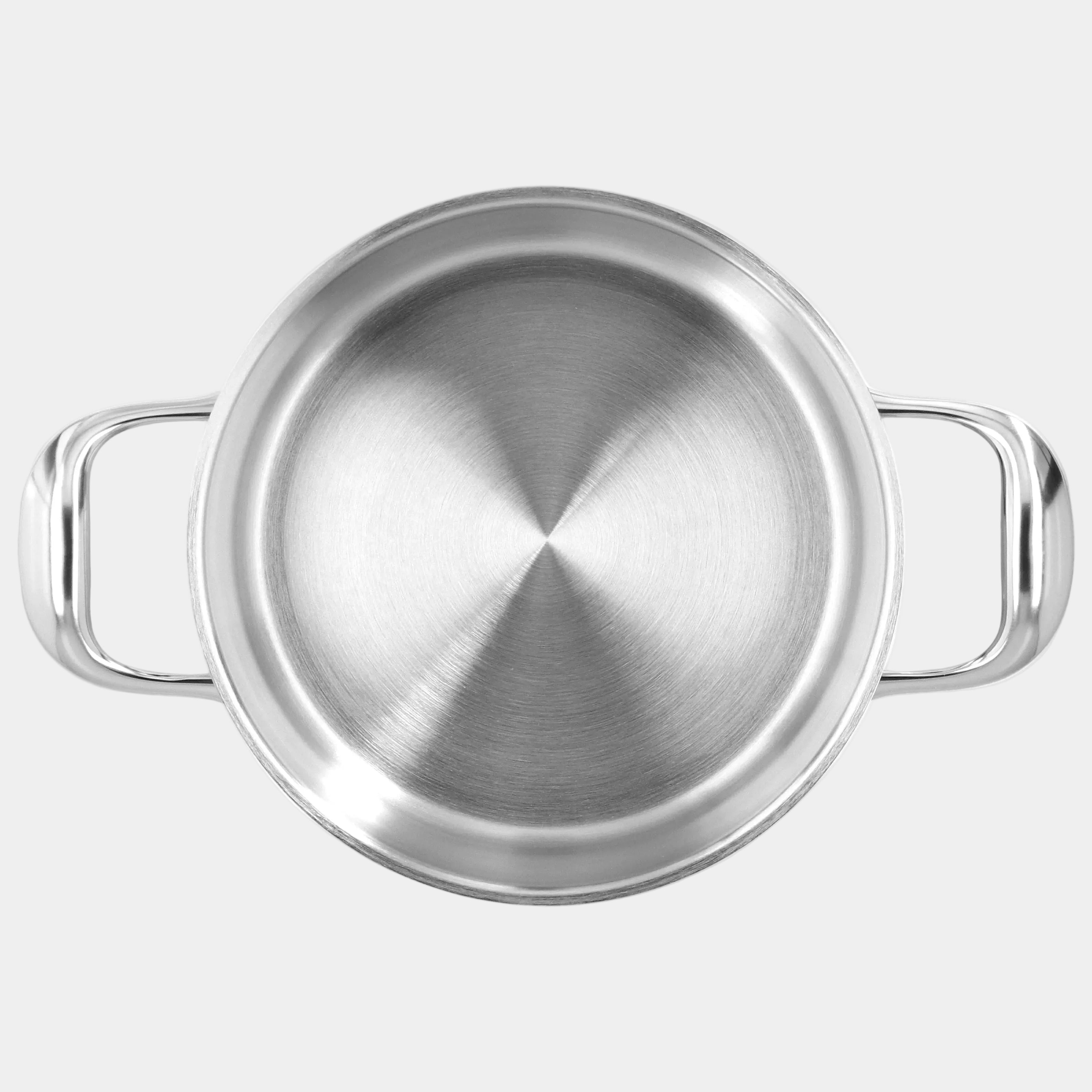 Stainless steel pot with two handles on a white background