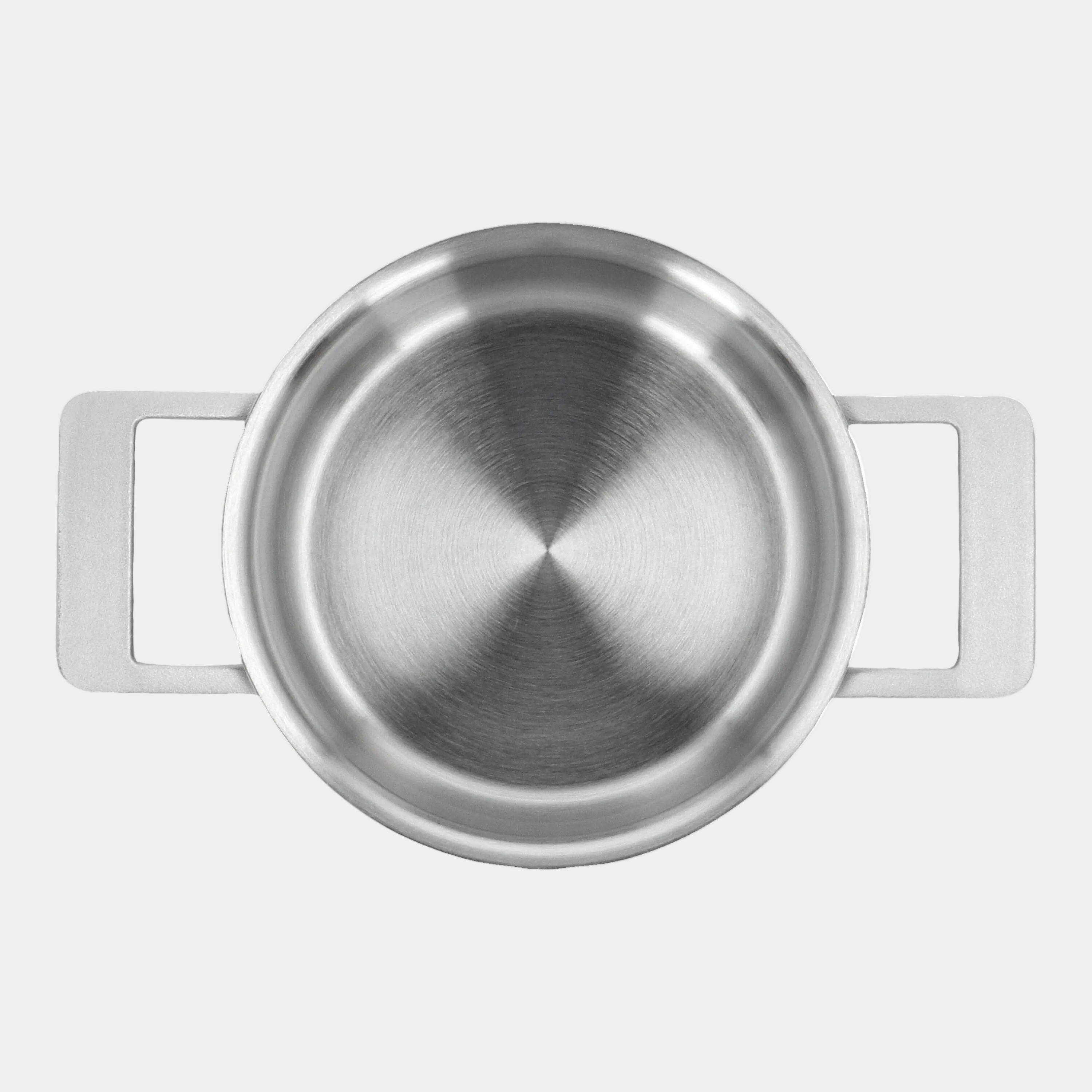 Stainless steel pot with handles on a white background