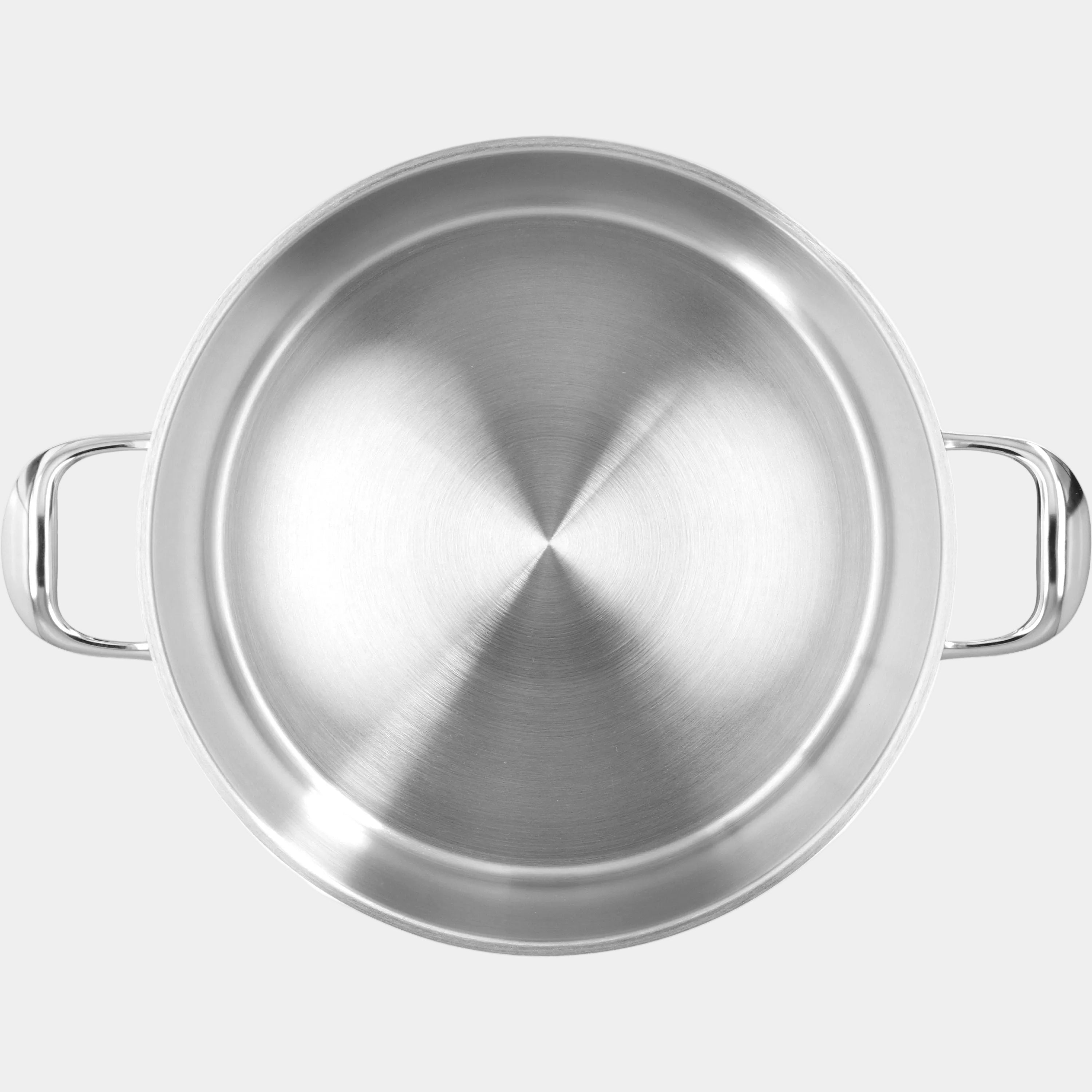 Stainless steel pot with handles on a white background