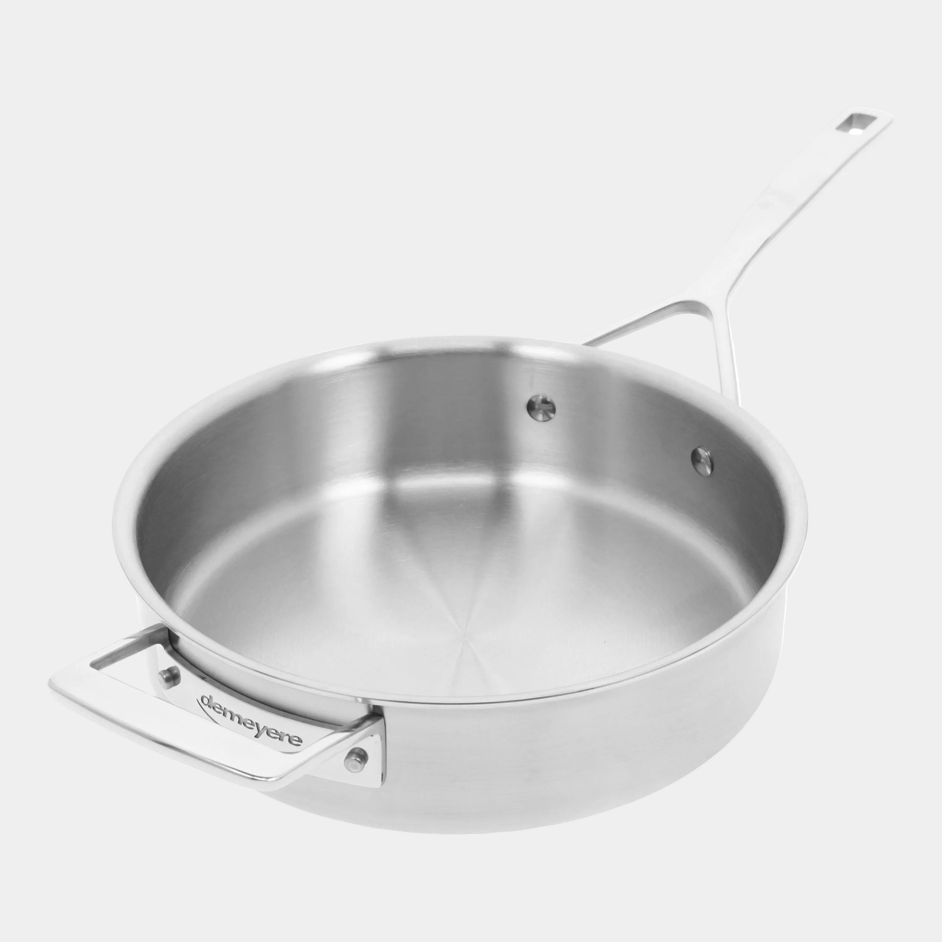 Stainless steel frying pan with handle on a white background
