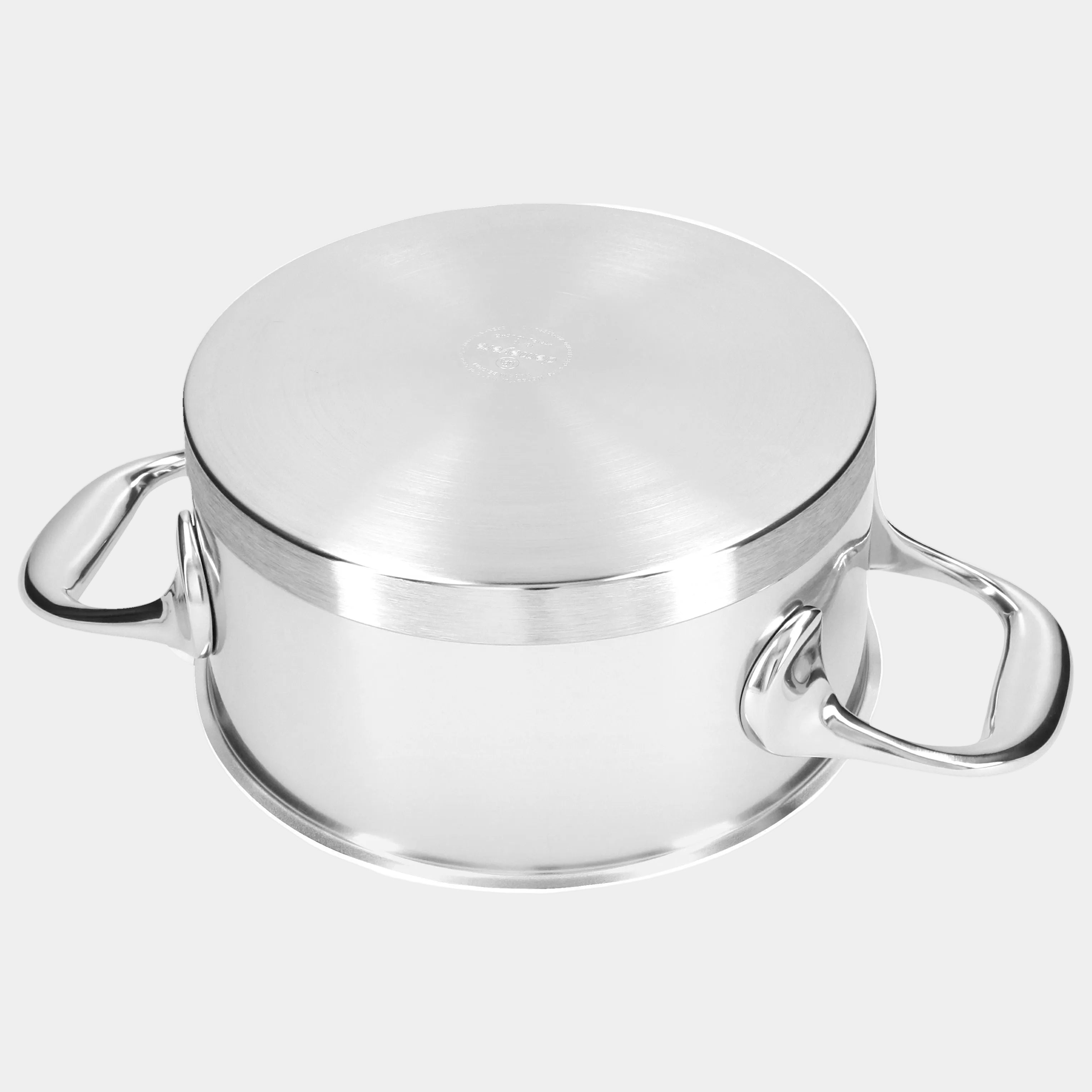 Stainless steel pot with lid on a white background