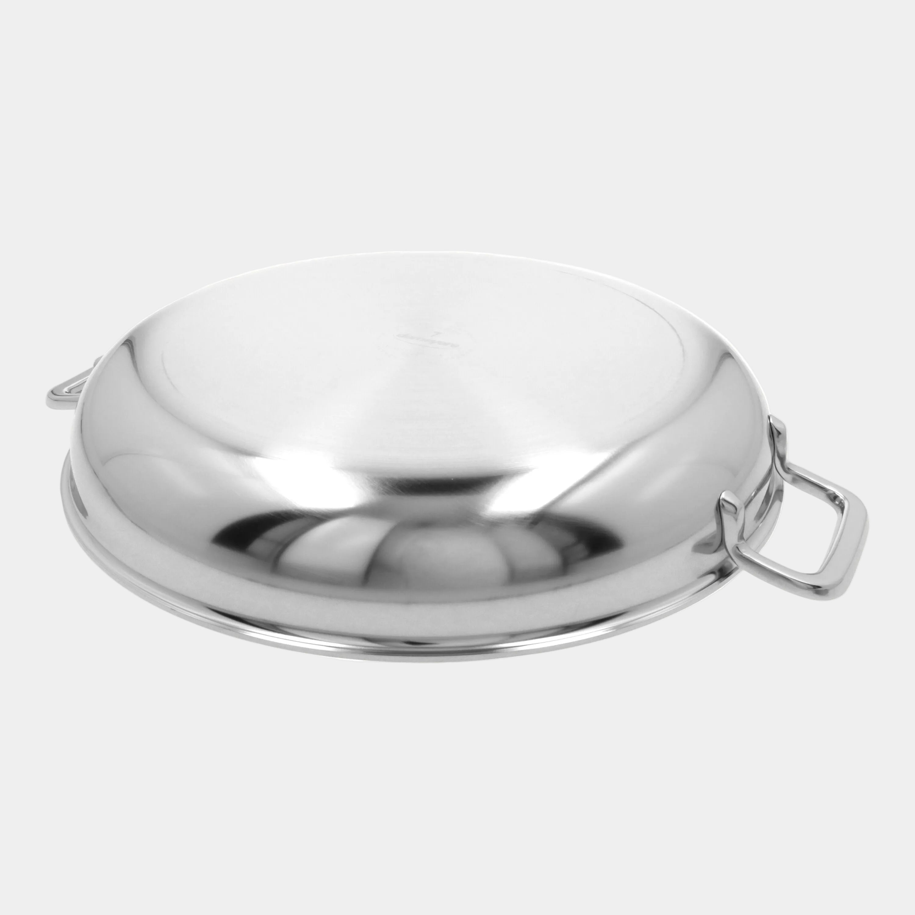 Stainless steel pot lid on a white background