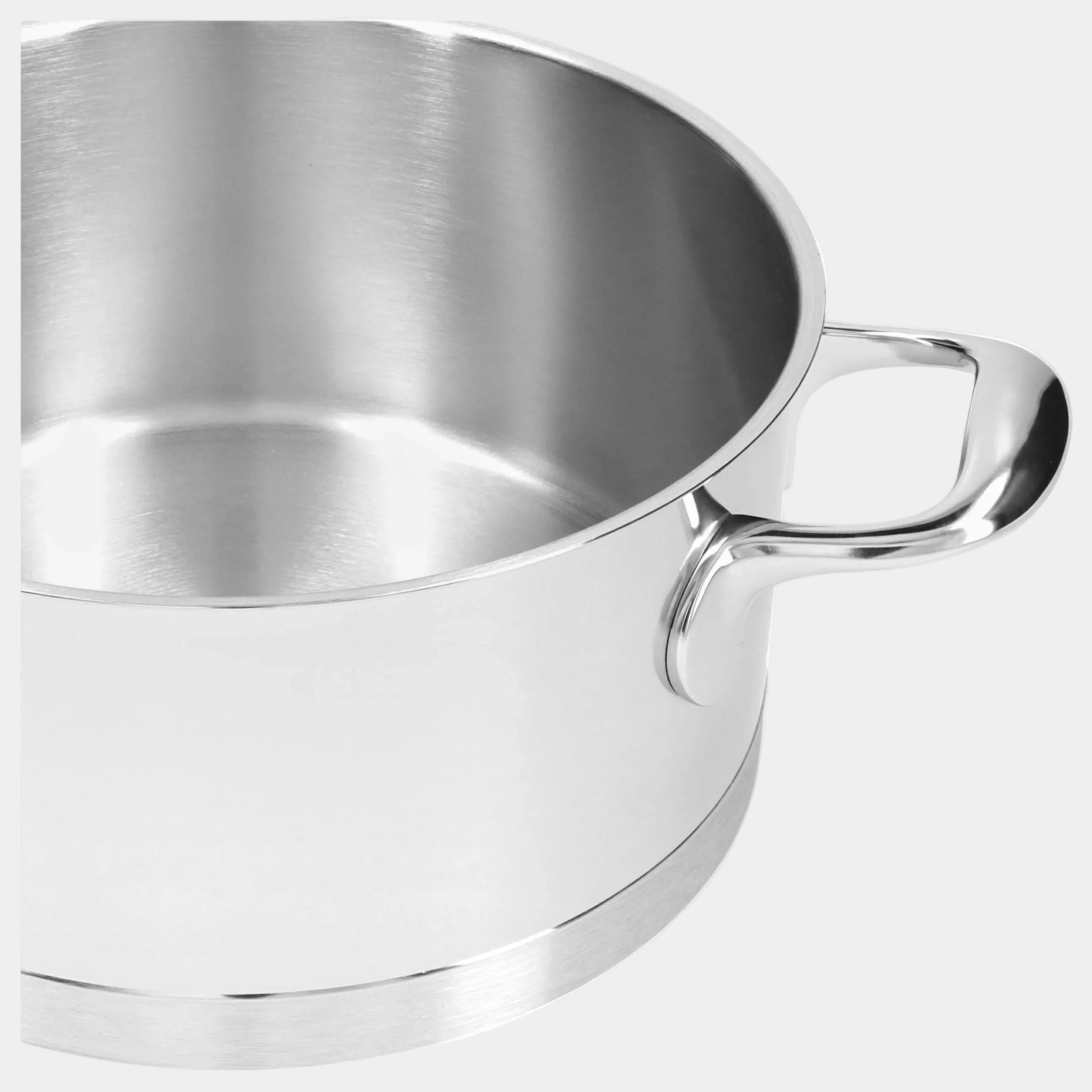 Stainless steel pot with handle on a white background