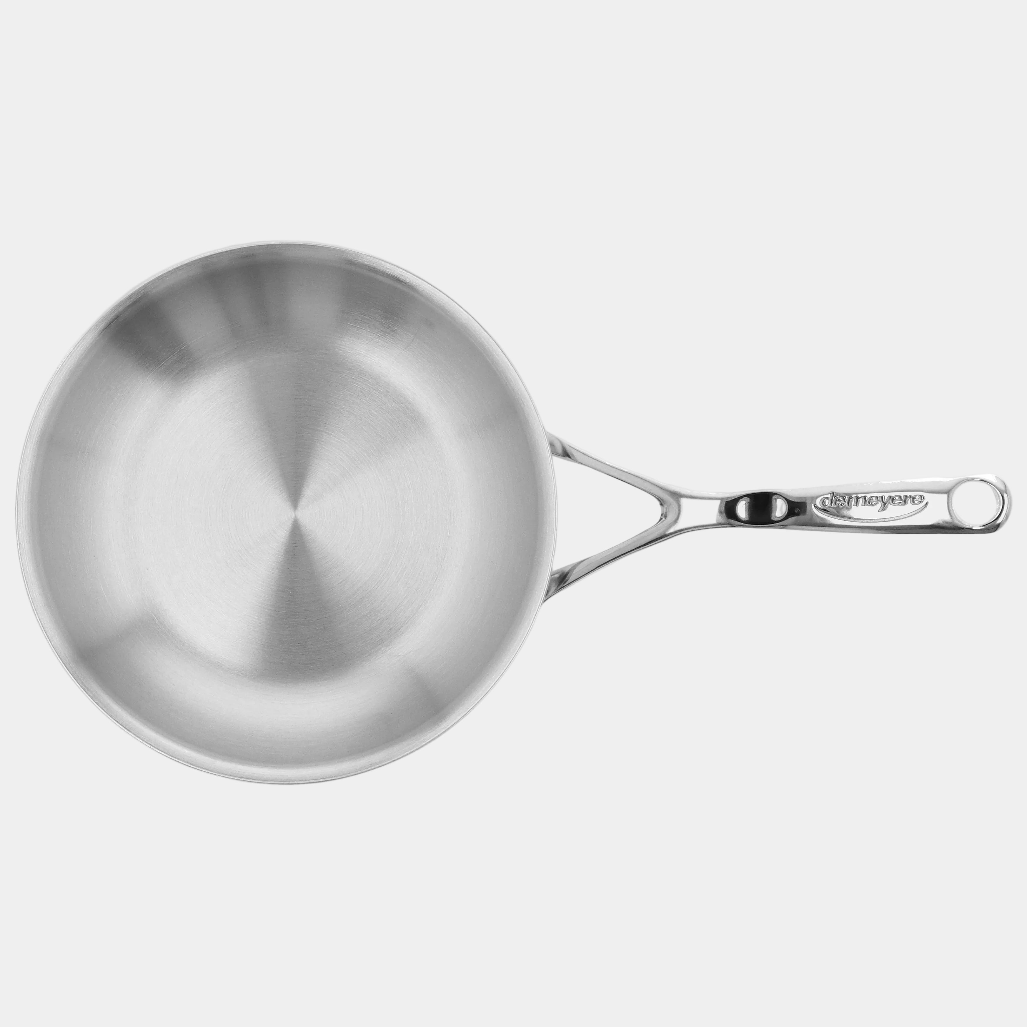 Stainless steel frying pan with handle on a white background