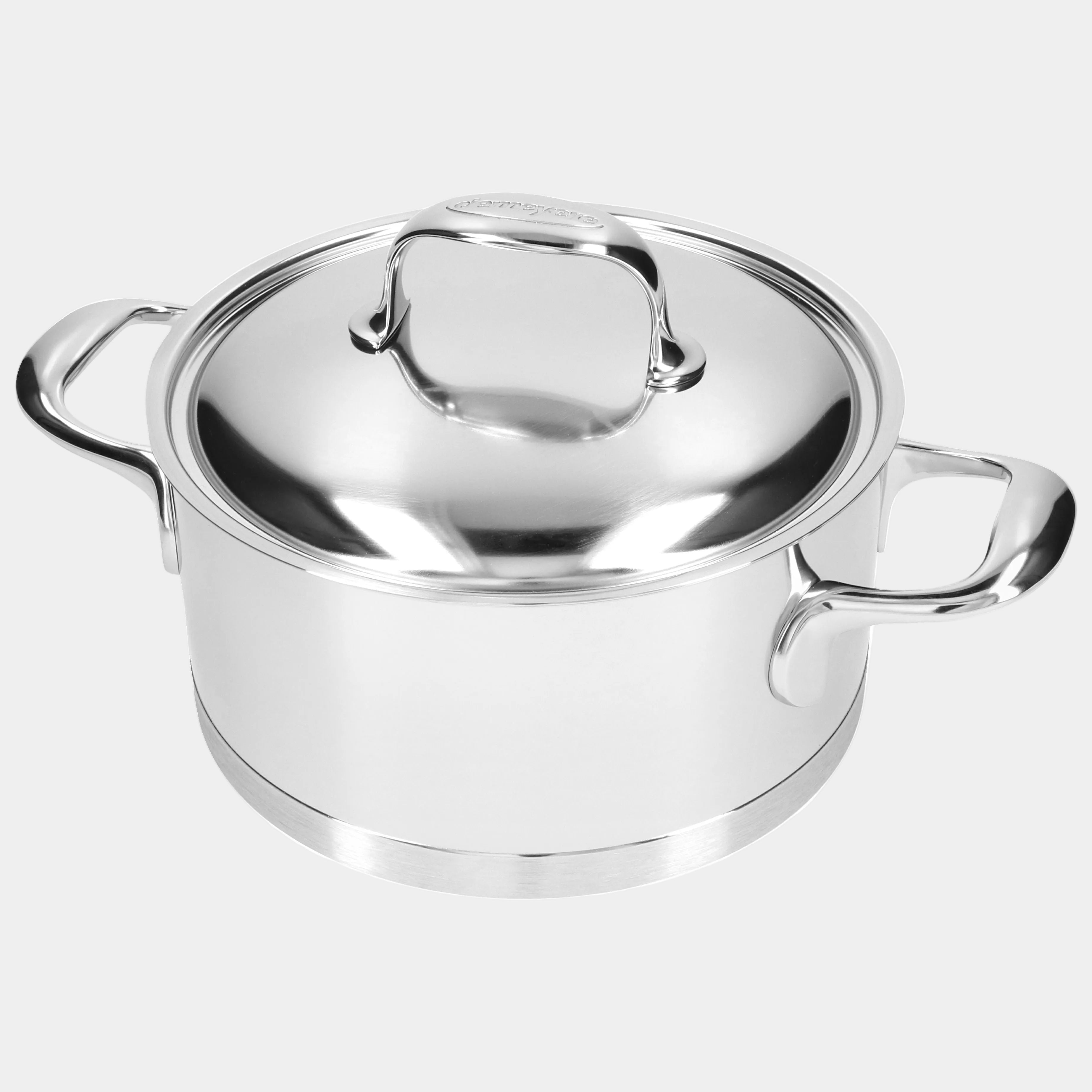 Stainless steel pot with lid on a white background