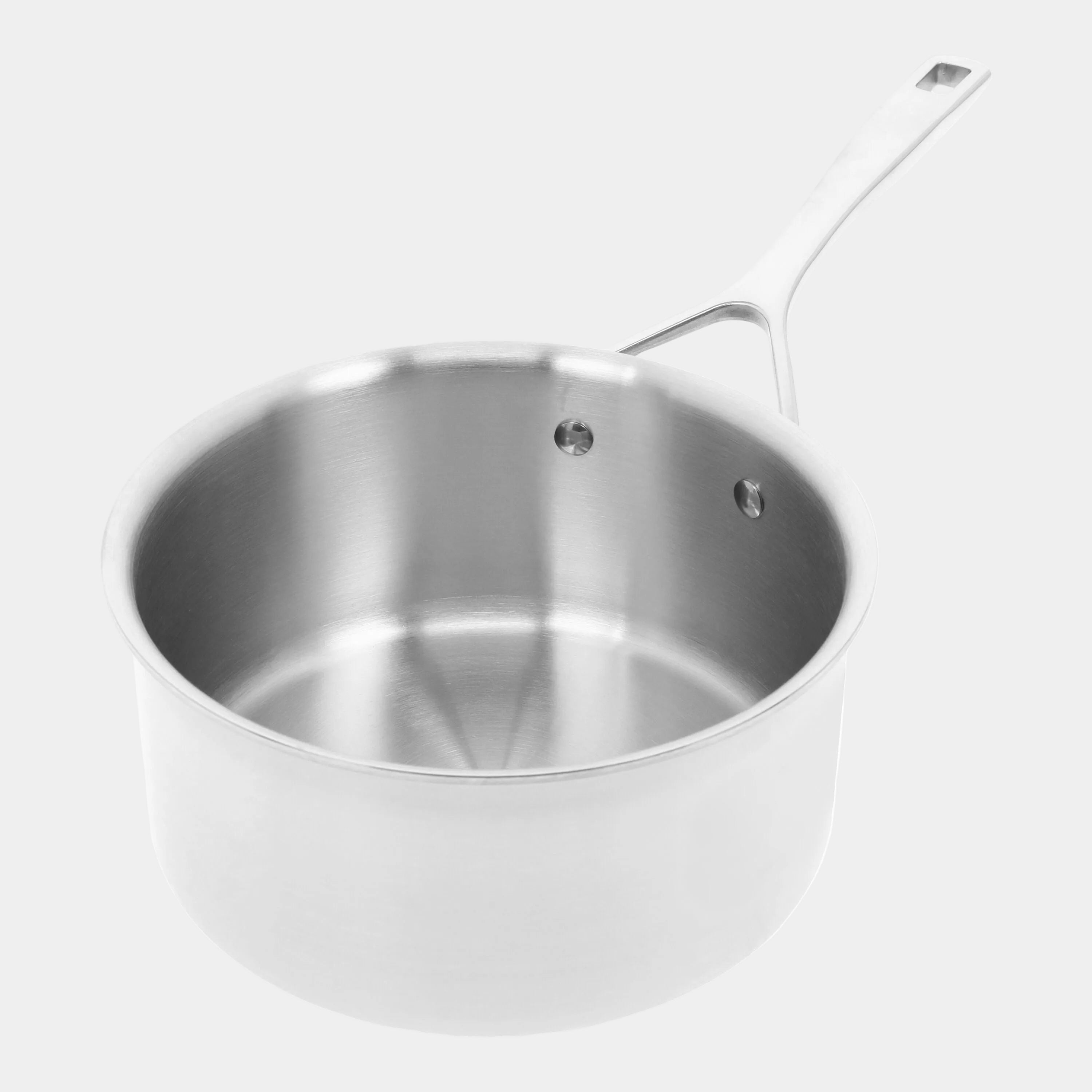 Stainless steel pot with a handle on a white background
