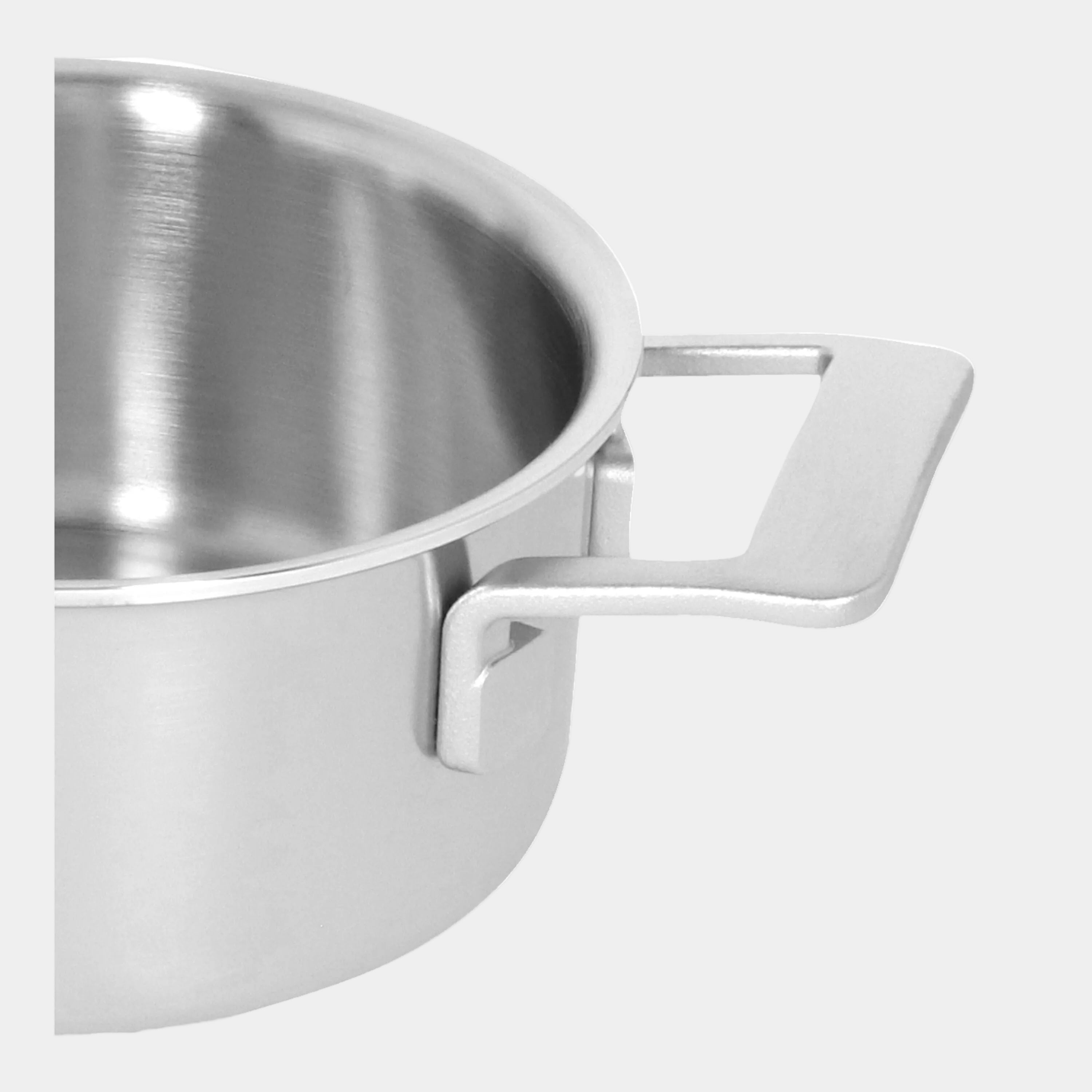 Stainless steel corner pot with handle on a white background