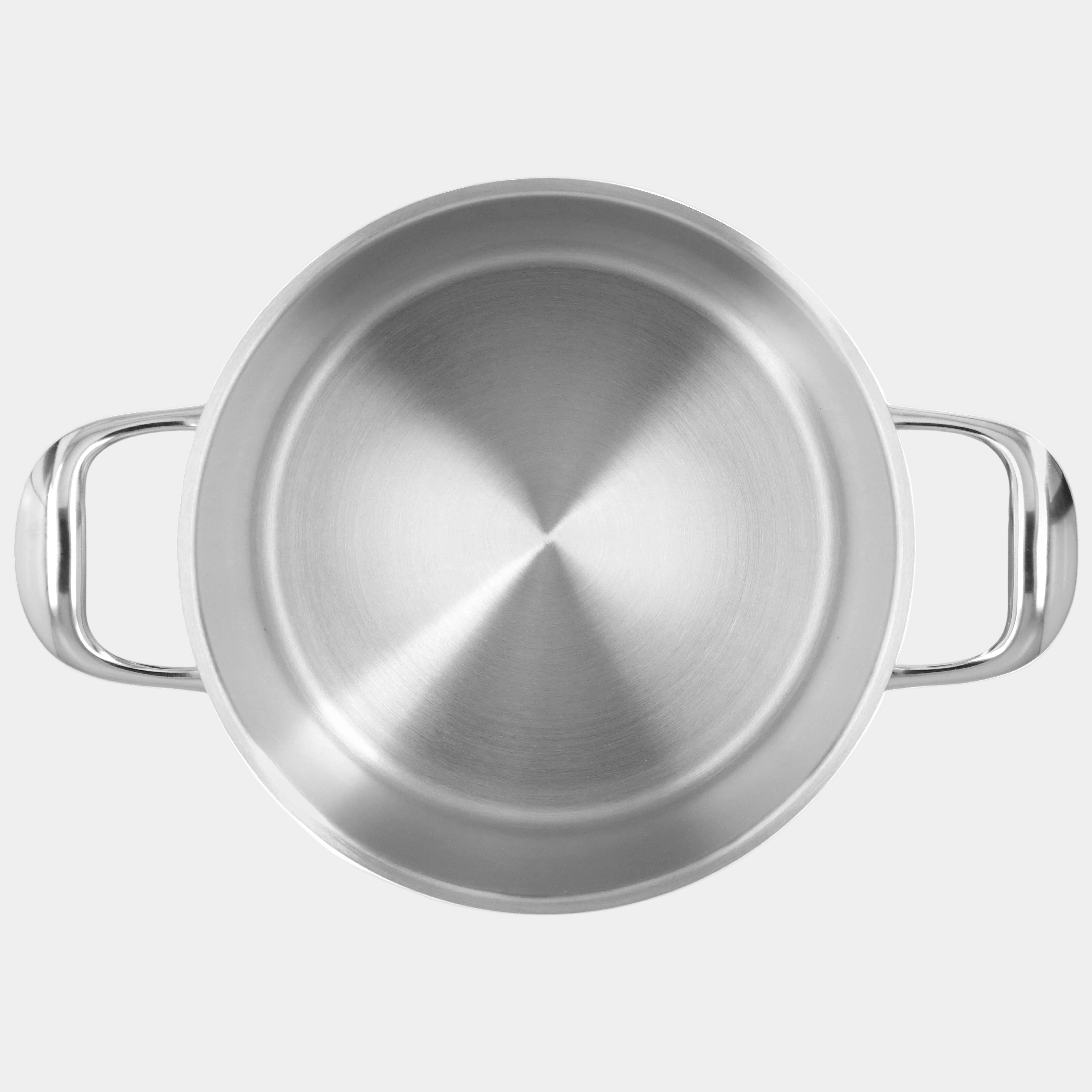 Stainless steel pot with two handles on a white background