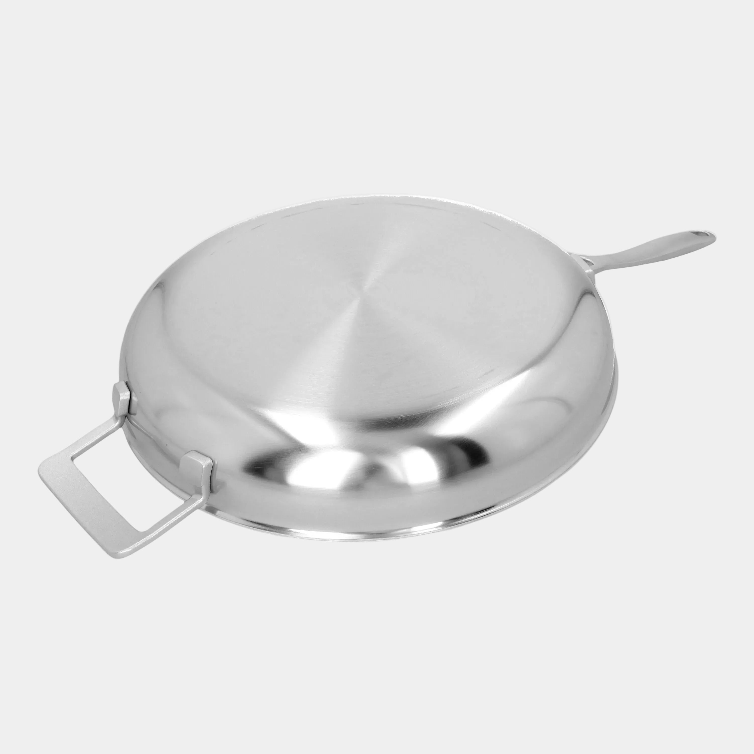 Stainless steel pot lid with handles on a white background