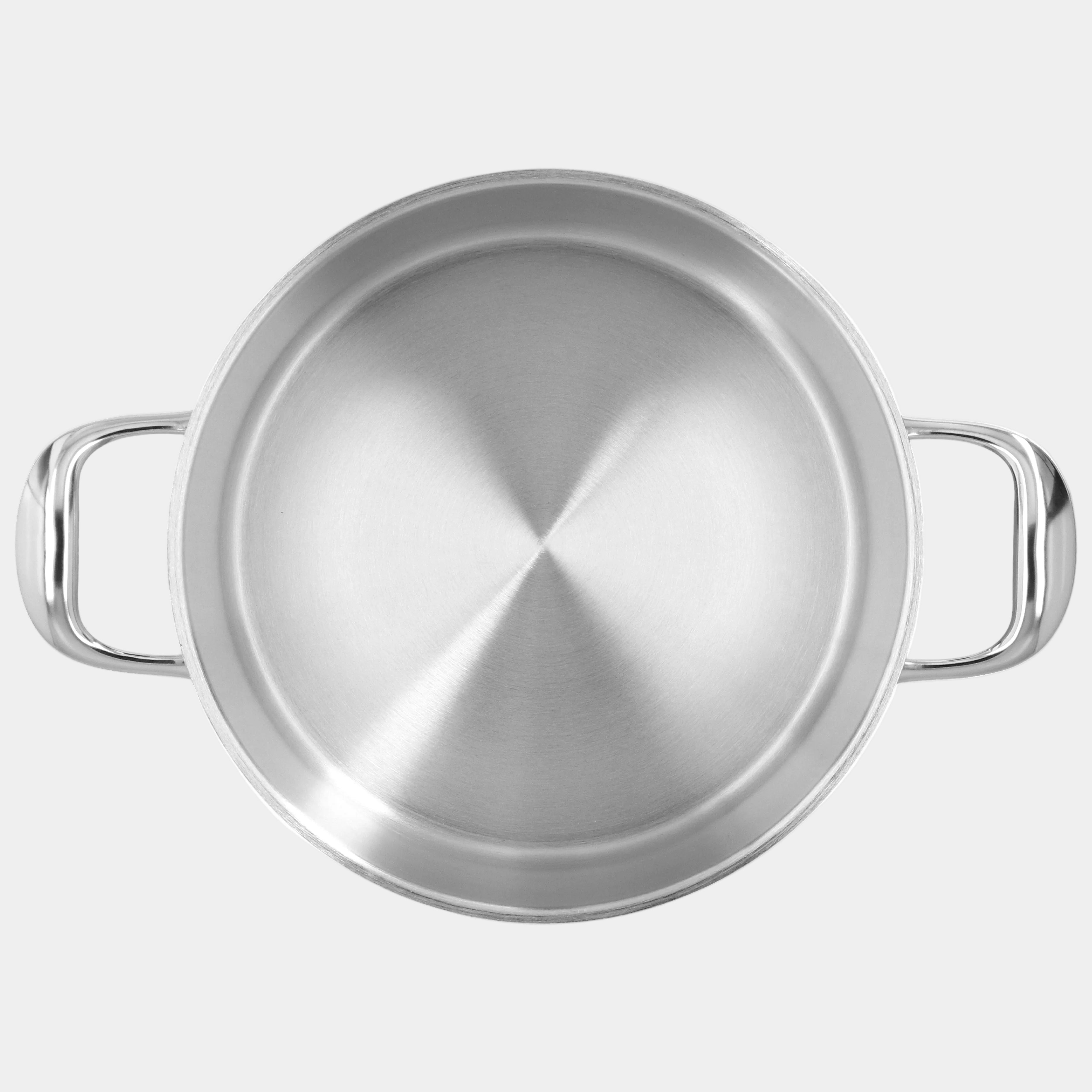 Stainless steel pot with handles on a white background