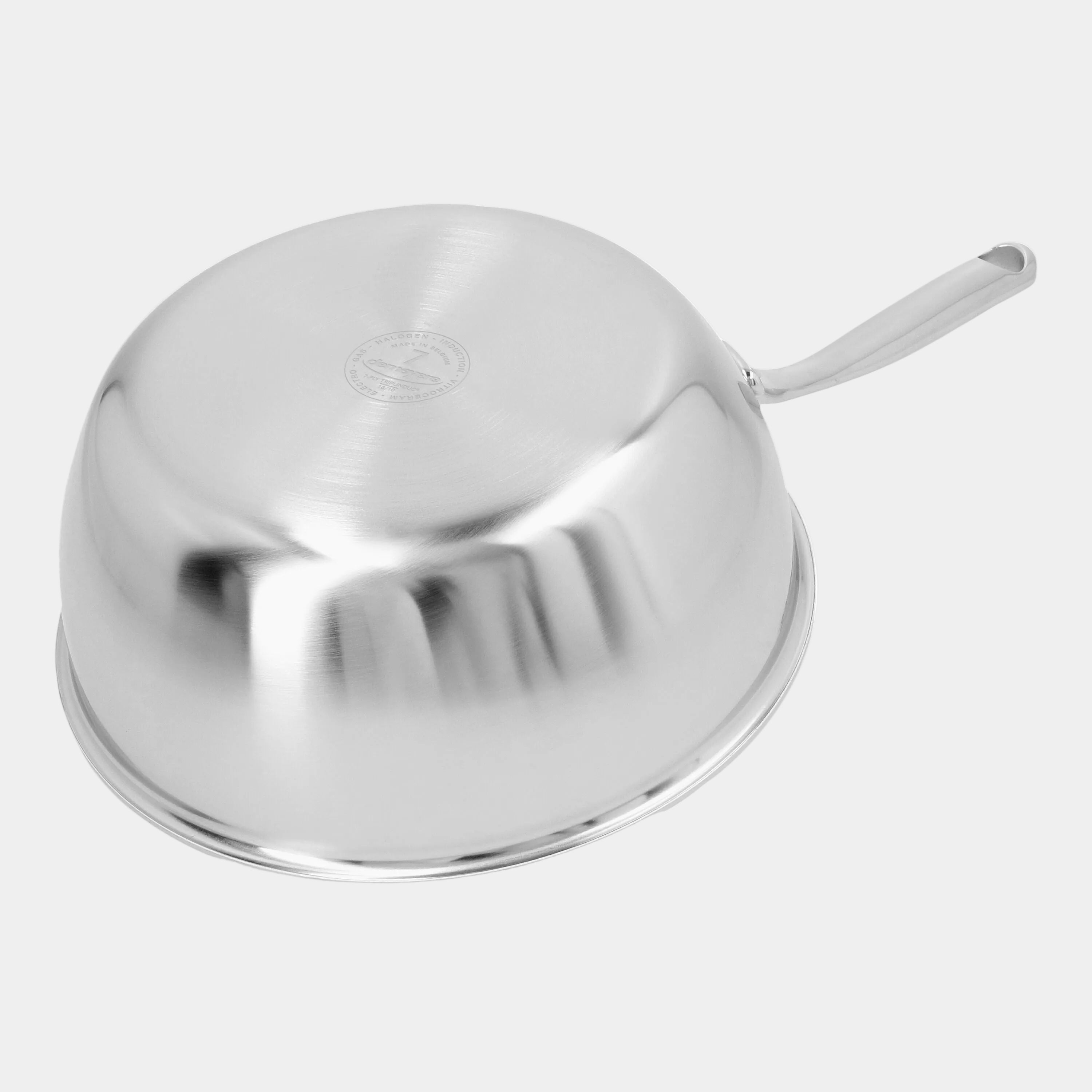 Stainless steel strainer with handle on a white background
