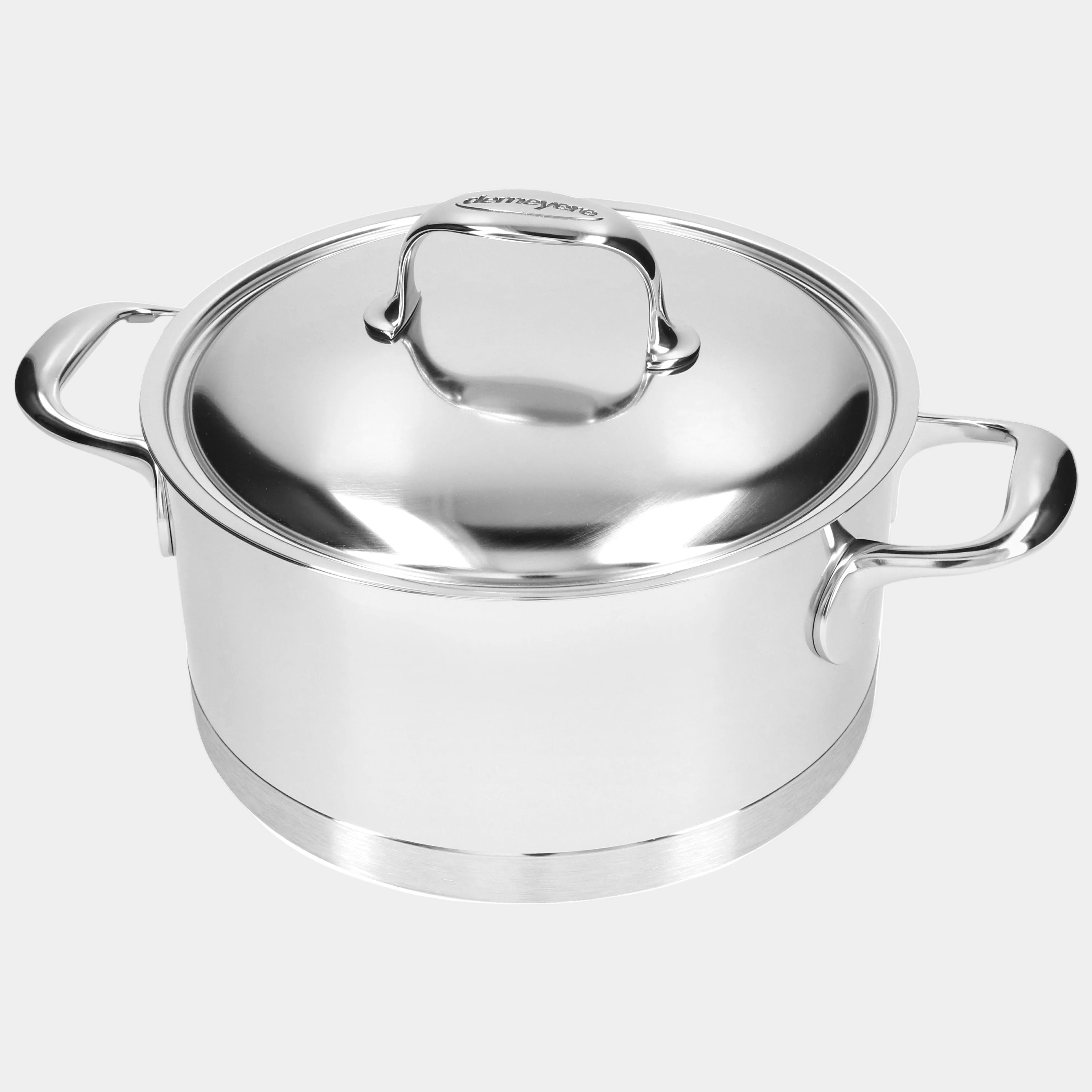 Stainless steel pot with lid on a white background