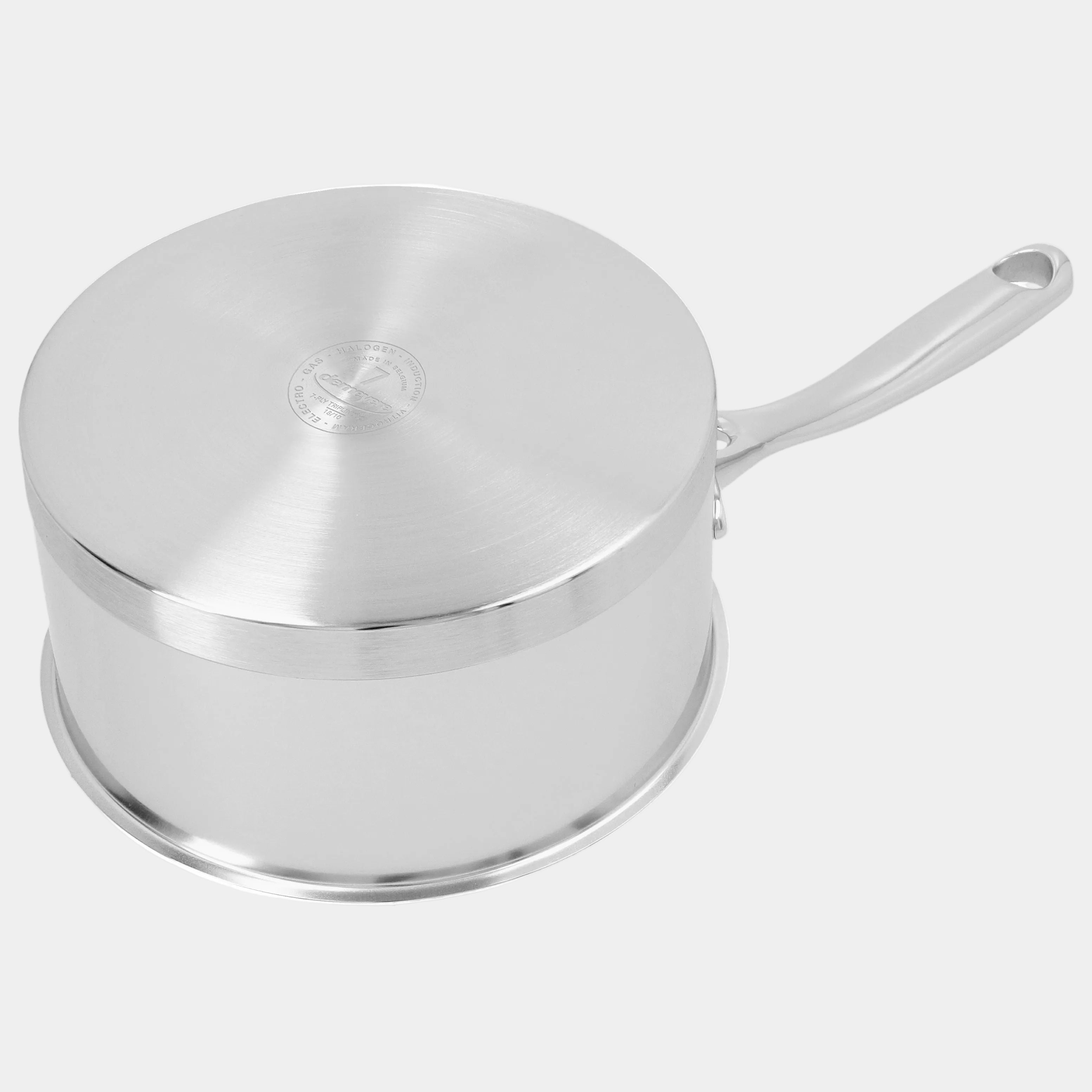 Stainless steel pot with lid and handle on a white background