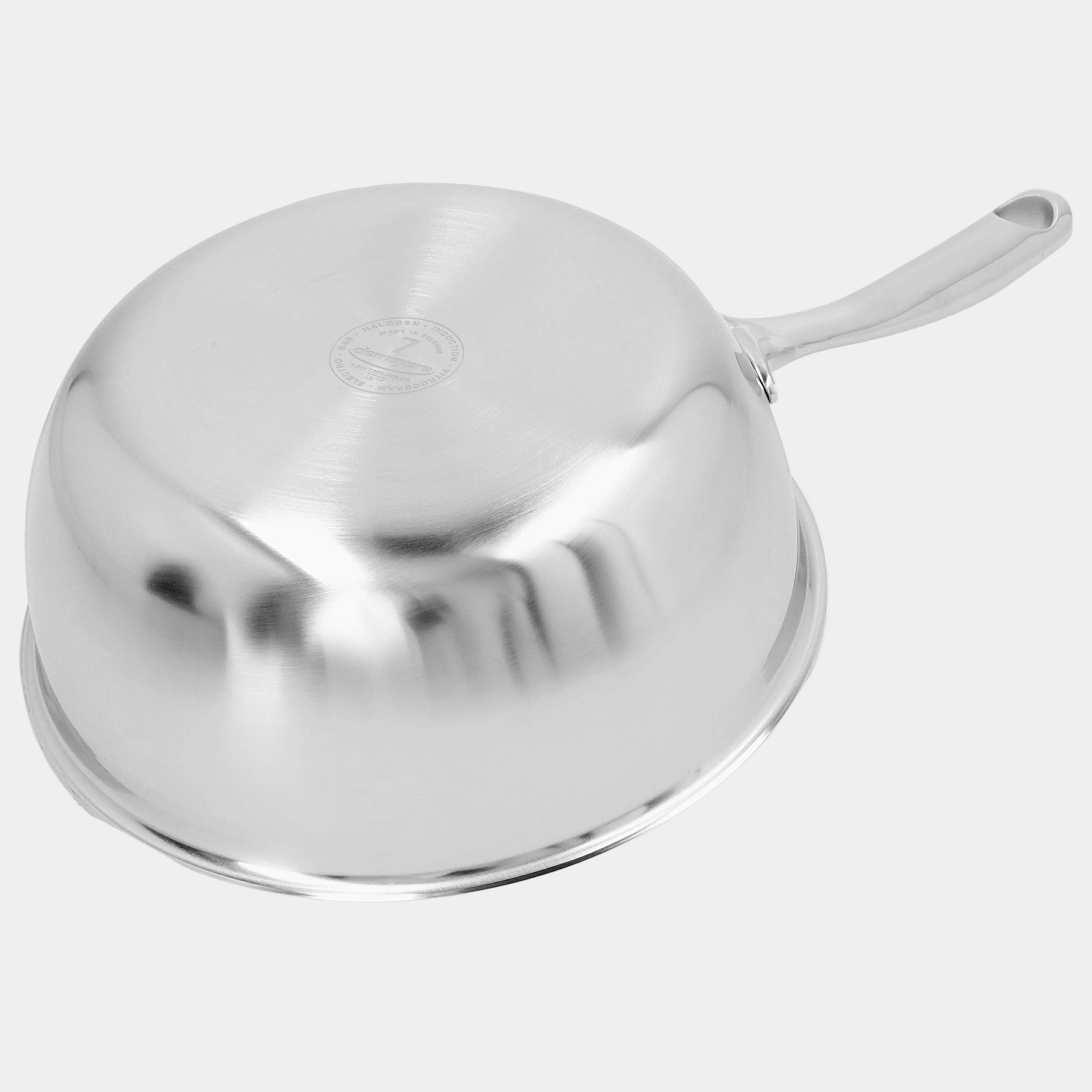 Stainless steel lid with handle on a white background