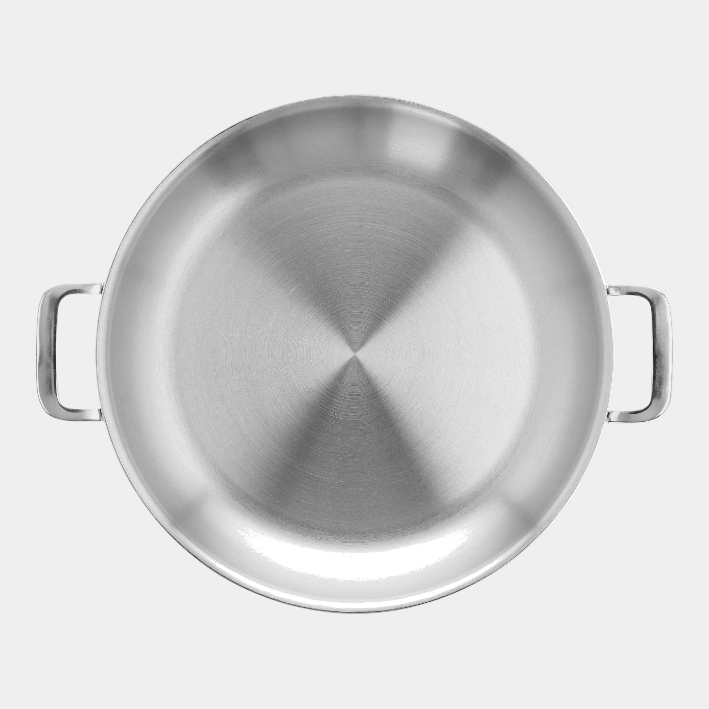 Stainless steel pot with handles on a white background