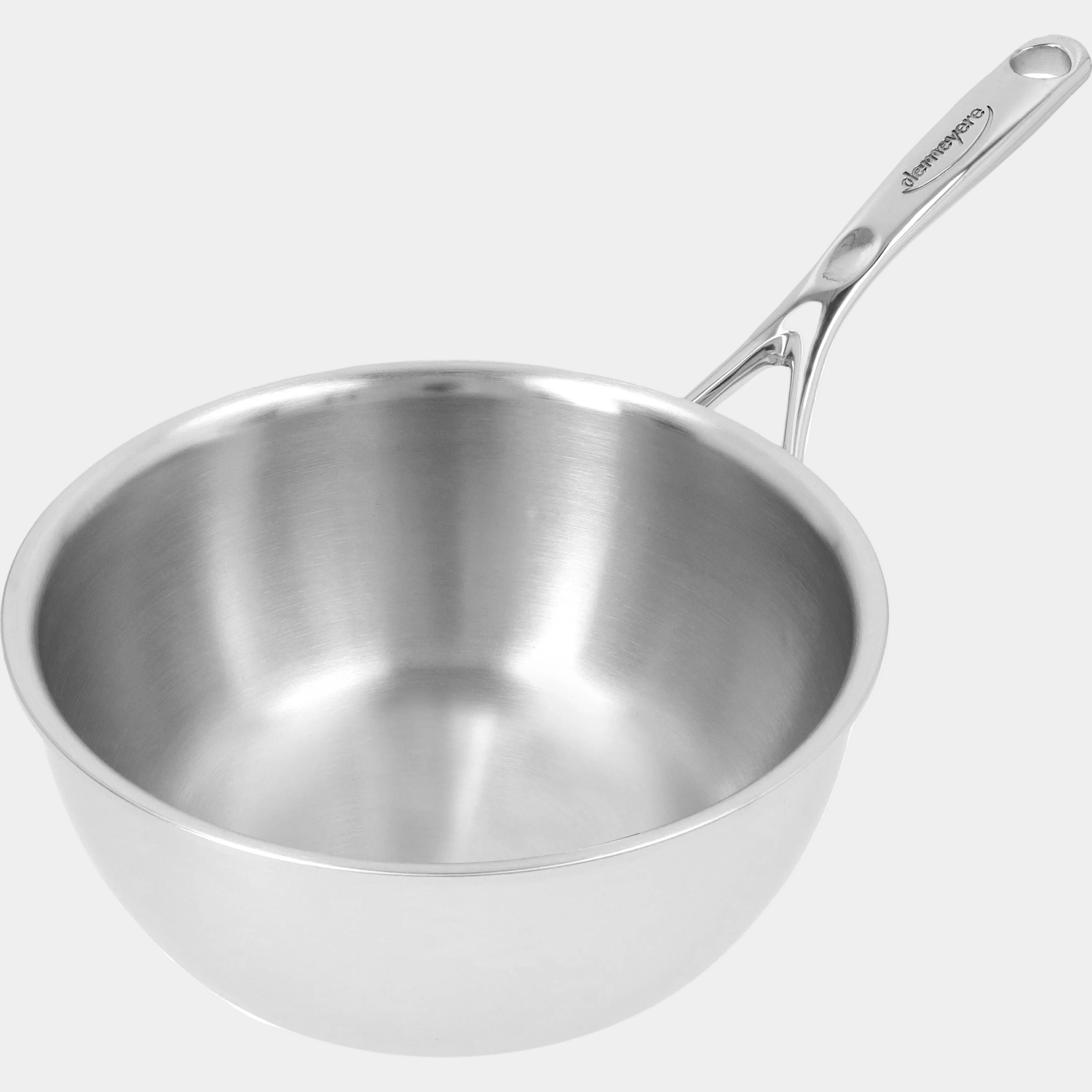 Stainless steel frying pan with a handle on a white background