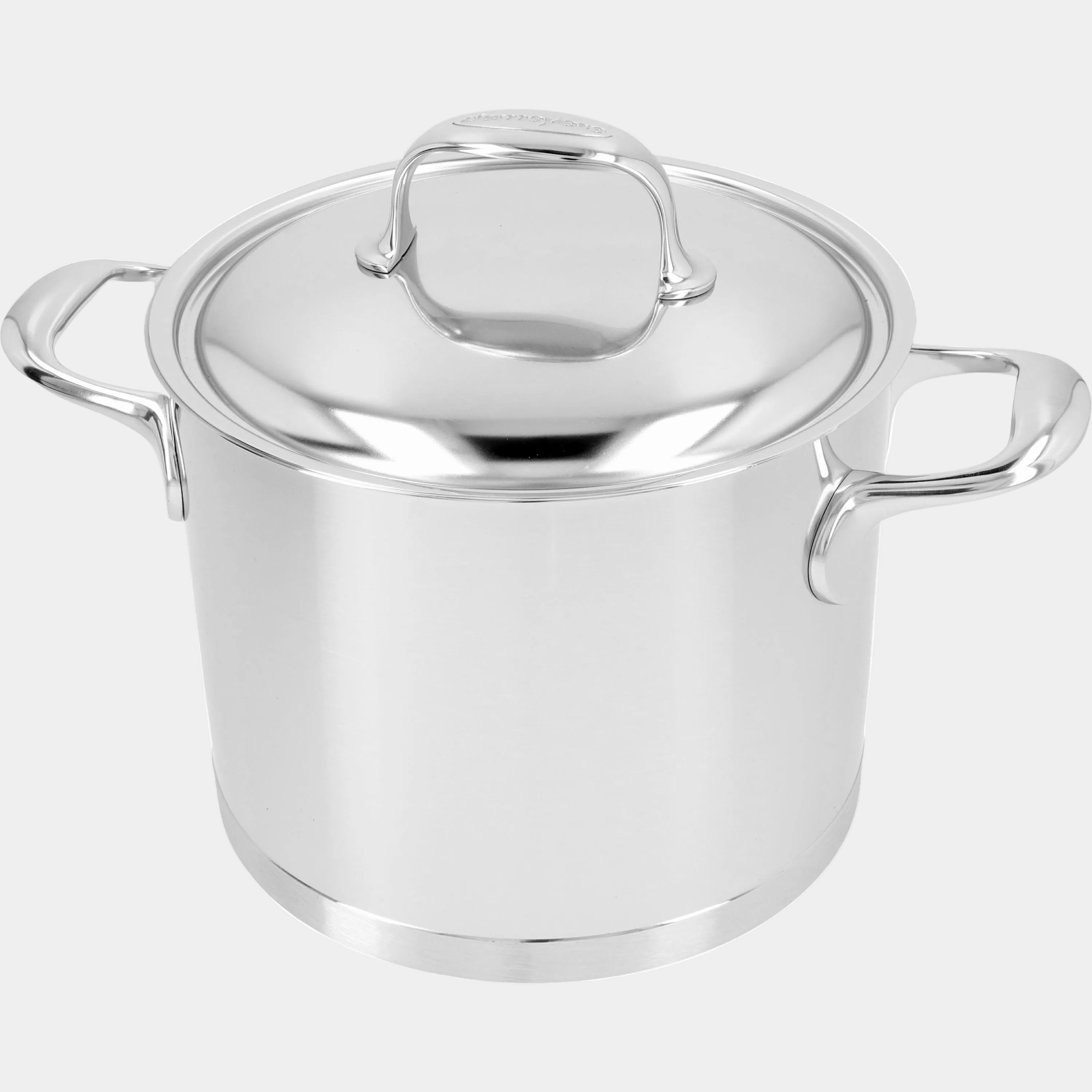 Stainless steel stock pot with lid on a white background