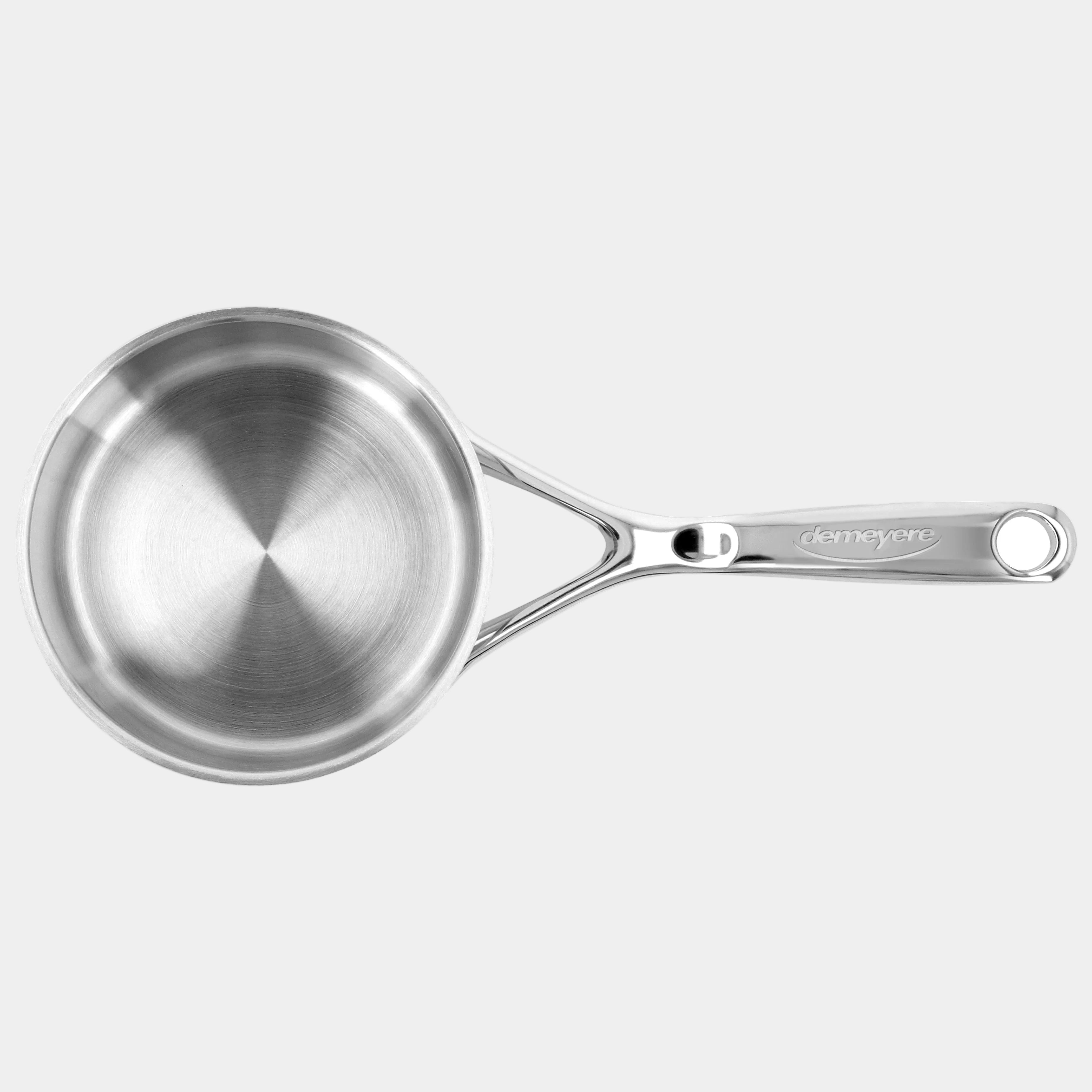 Stainless steel frying pan with handle on a white background