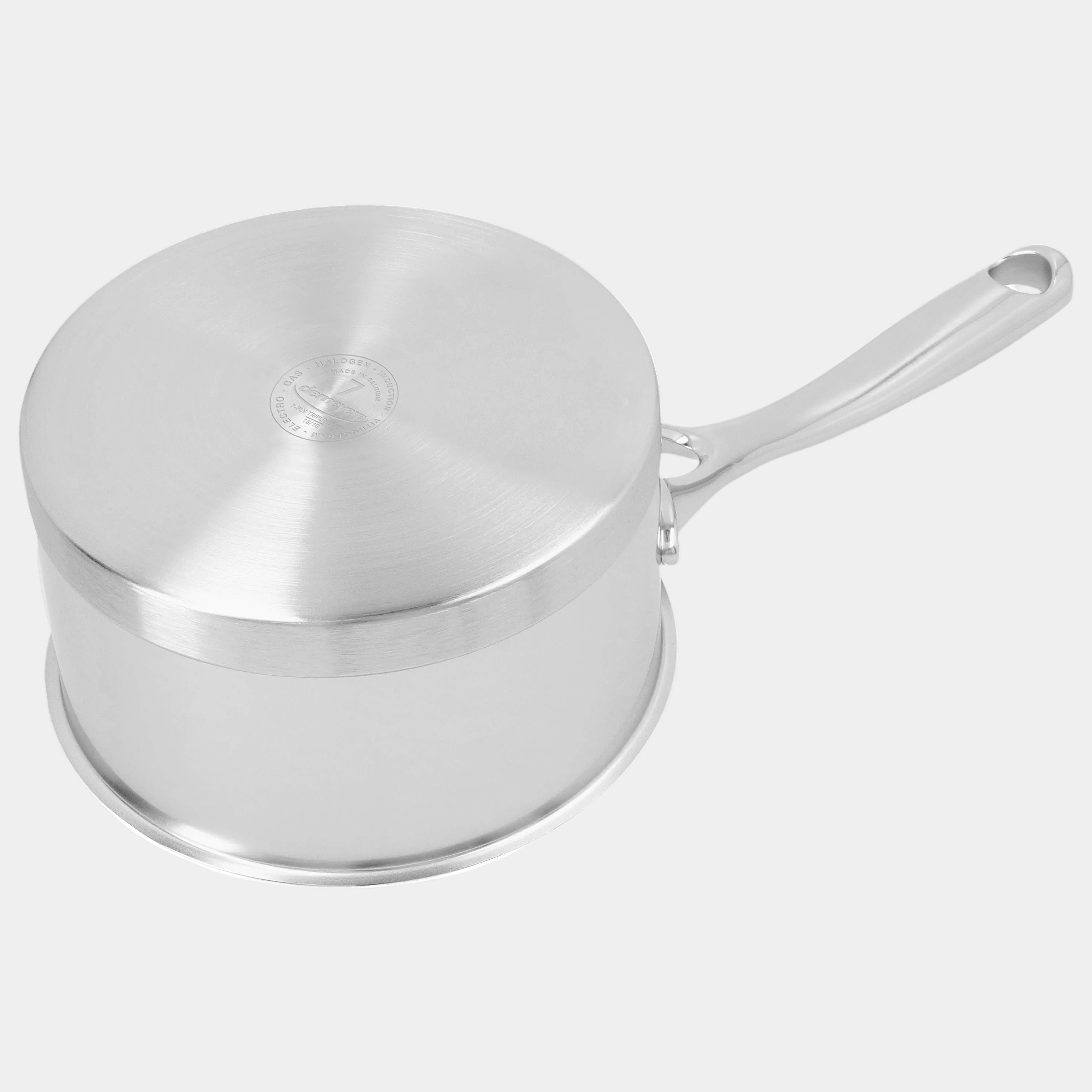 Stainless steel pot with lid on a white background