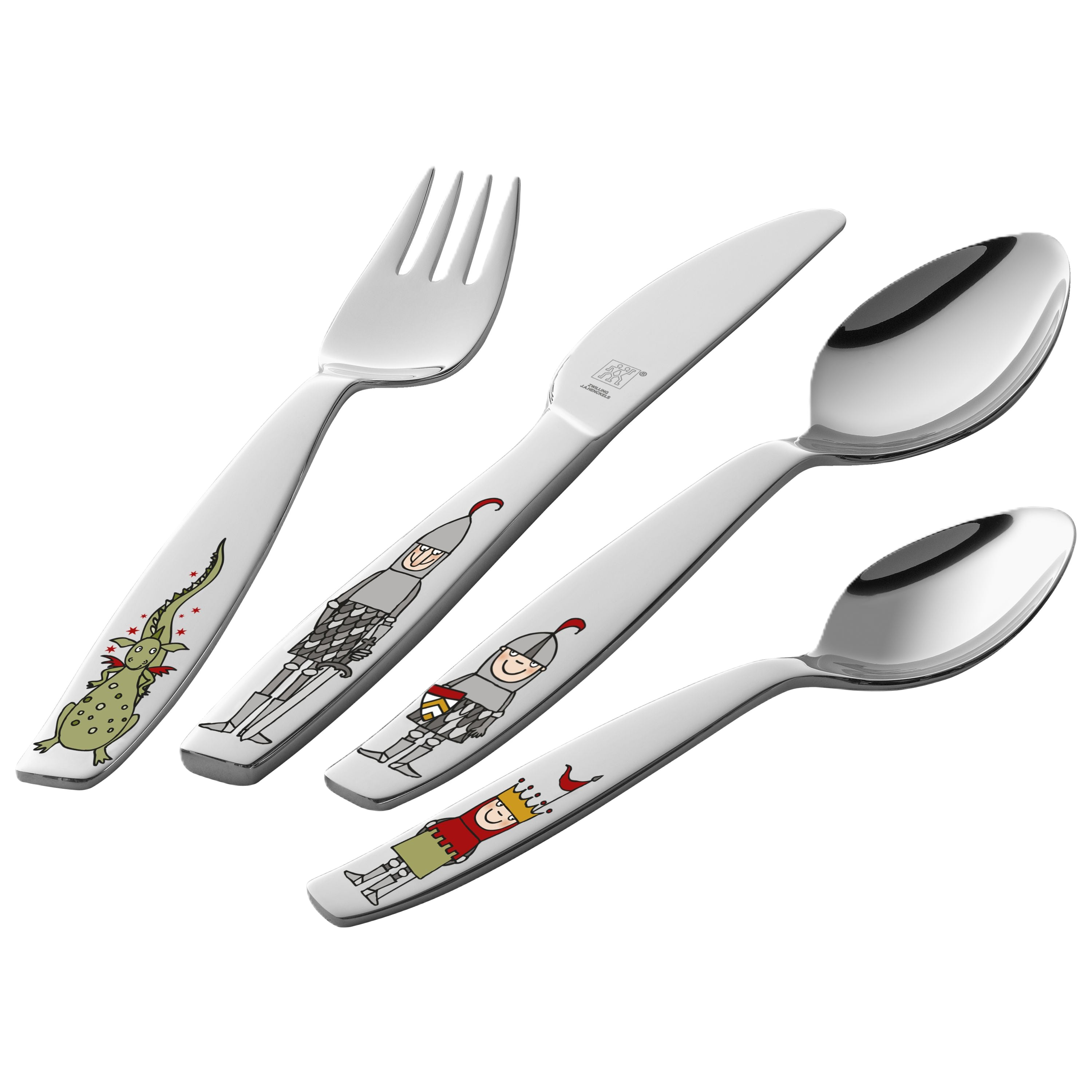Children's cutlery set with cartoon designs on a white background