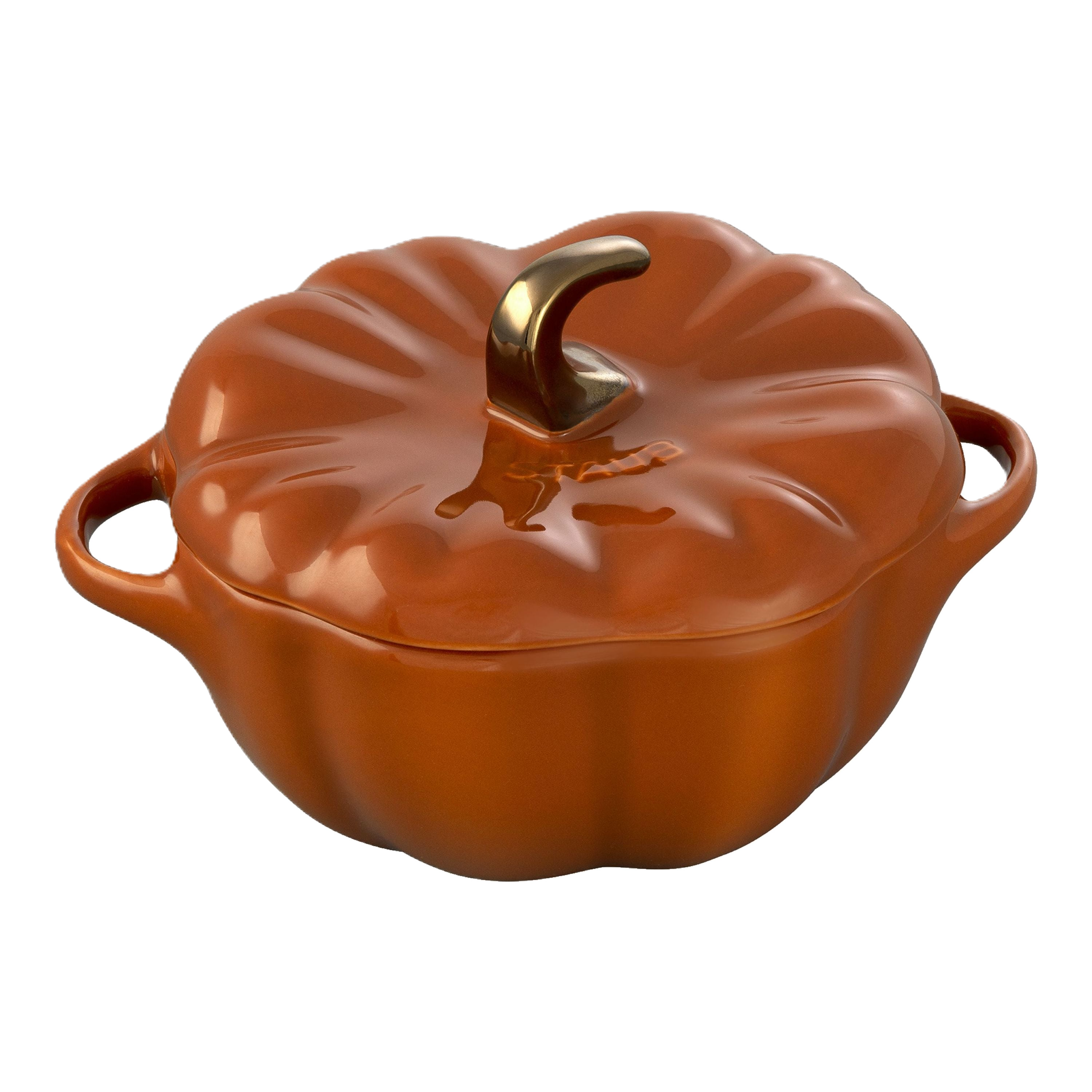 STAUB Ceramique Ceramic Pumpkin Cocotte with a lid on a white background