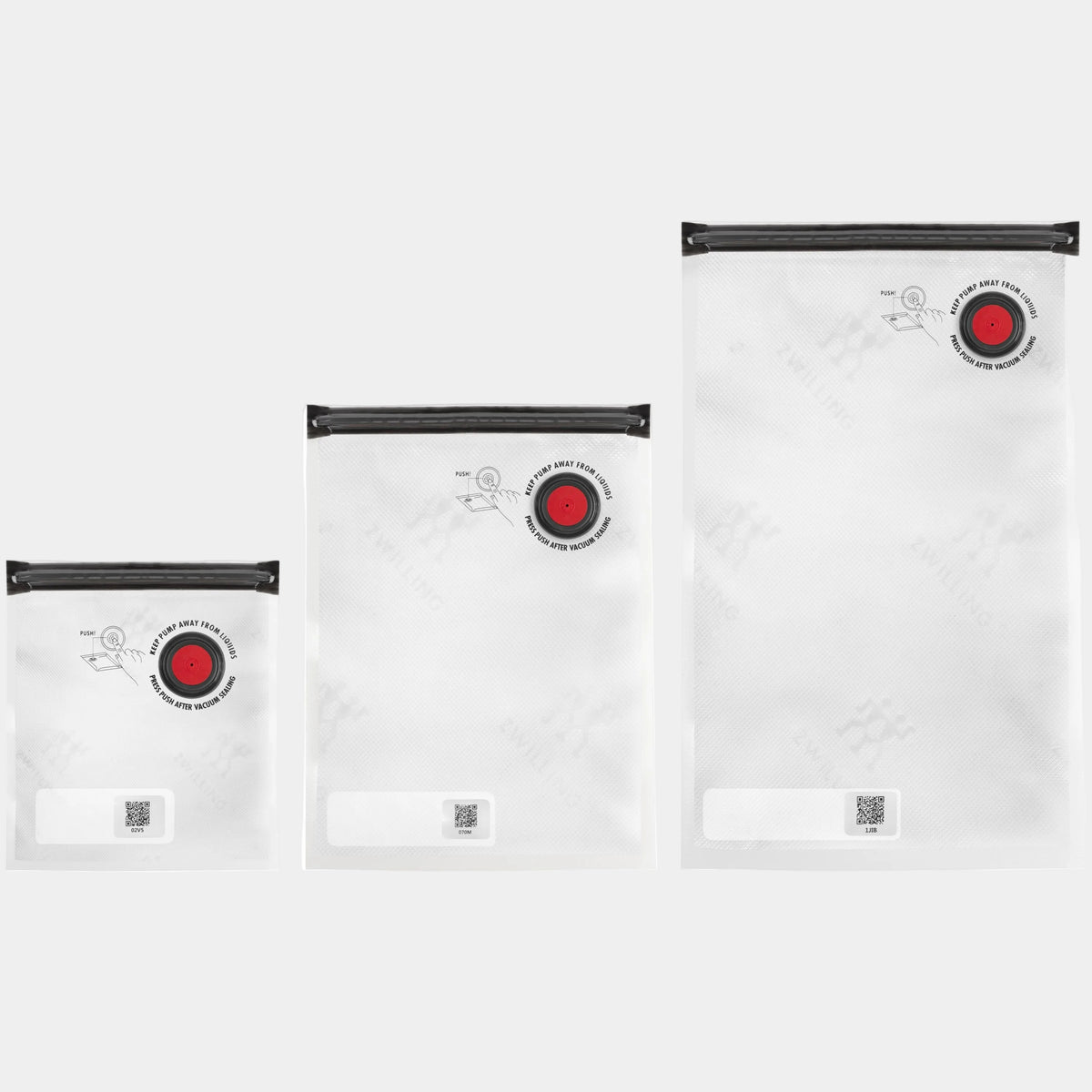 Three white vacuum dust bags of different sizes arranged by height, each with a black zipper, a red circular valve, and a small label at the bottom.