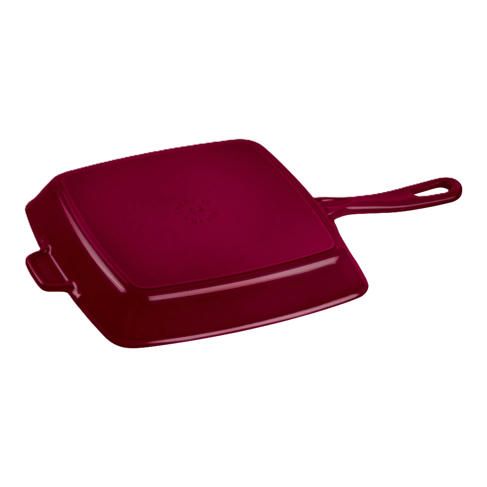 Red square griddle with handle on a white background