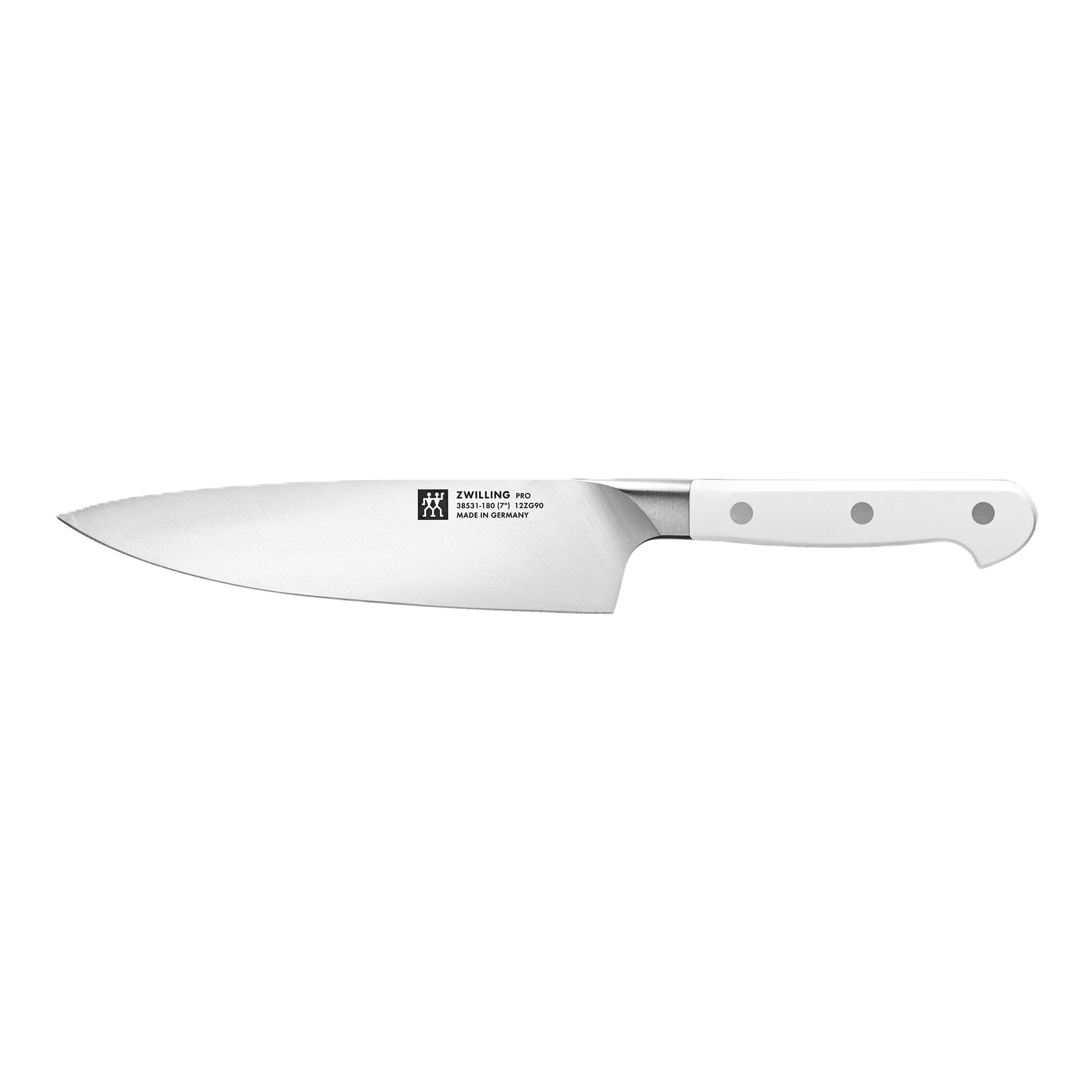 ZWILLING Pro le blanc 7 inch Chef's Knife, with a white handle on a white background