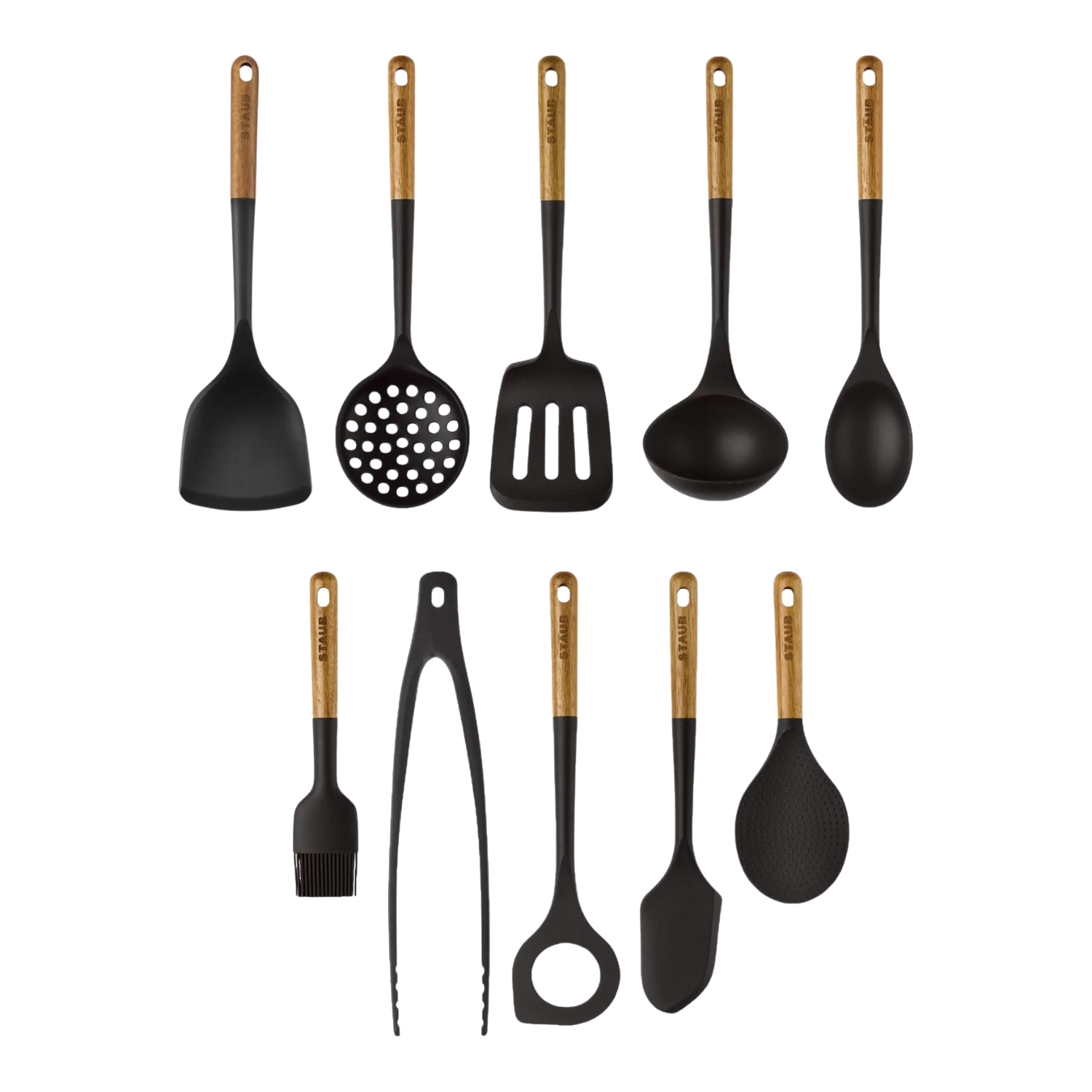 Staub 10-Piece Premium Silicone Kitchen Gadget Set – Black & Acacia Wood