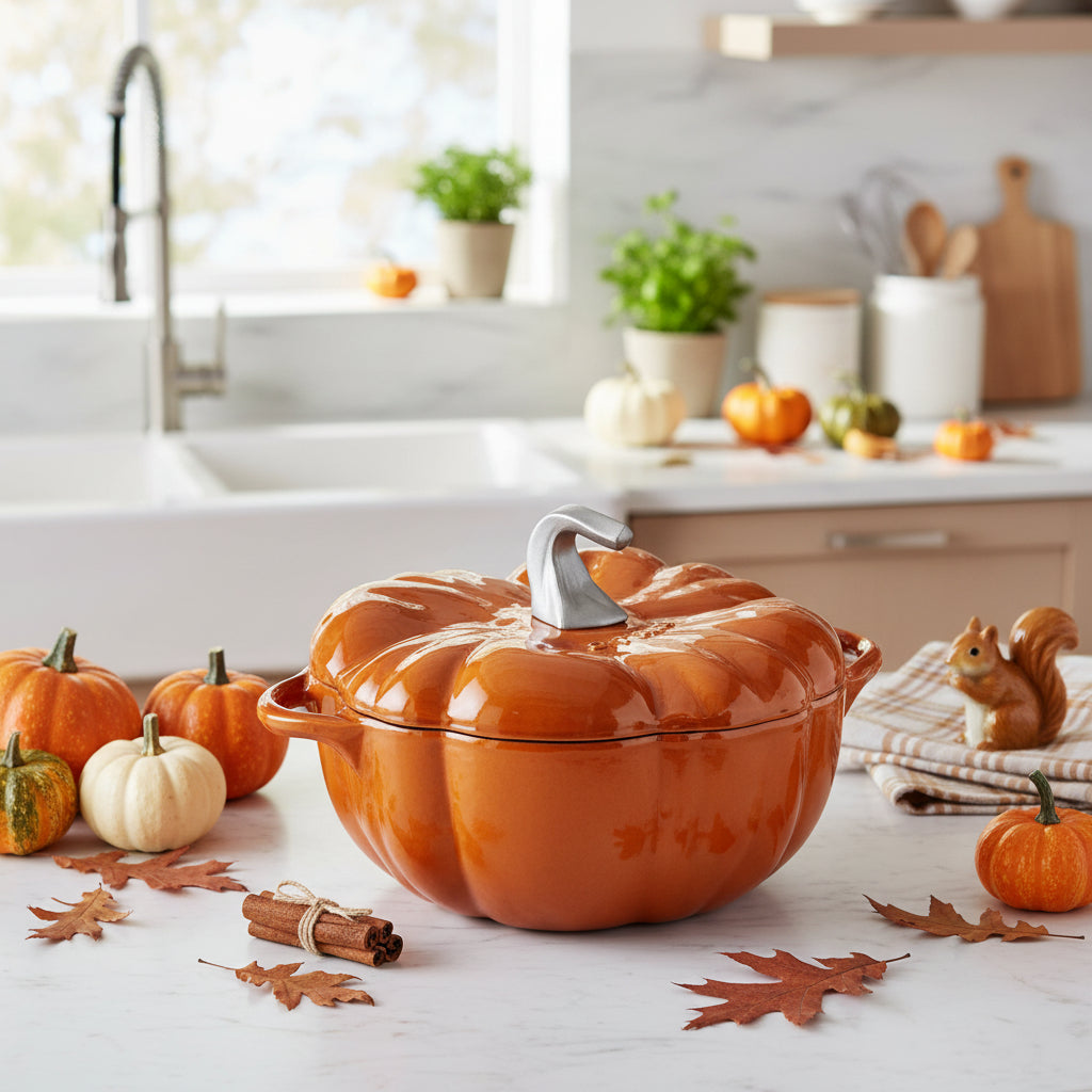 Pumpkin-shaped cast Iron cookware with a lid on a kitchen counter top